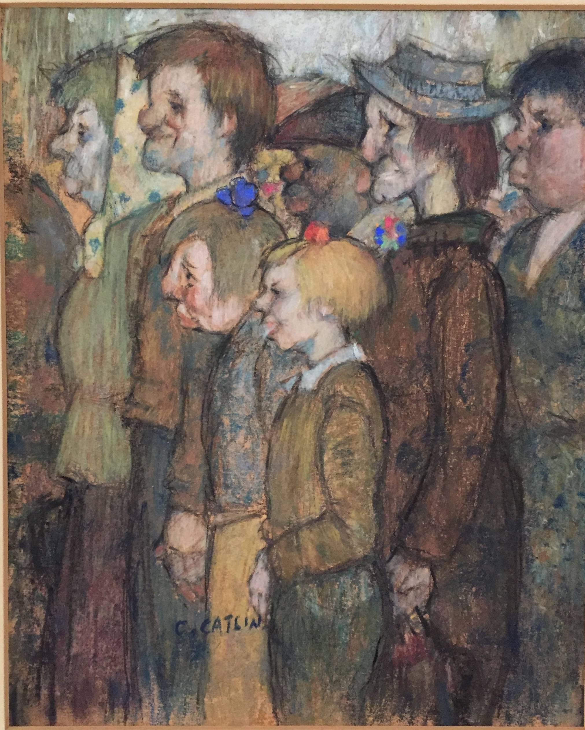 Signed lower left, C Catlin. Oil crayon (pastel) on paper, circa 1930. The artist has depicted a working class crowd in pronounced profile.

Framing treatment consists of simple gilded wood molding, matted and glazed. Overall dimensions 17.25