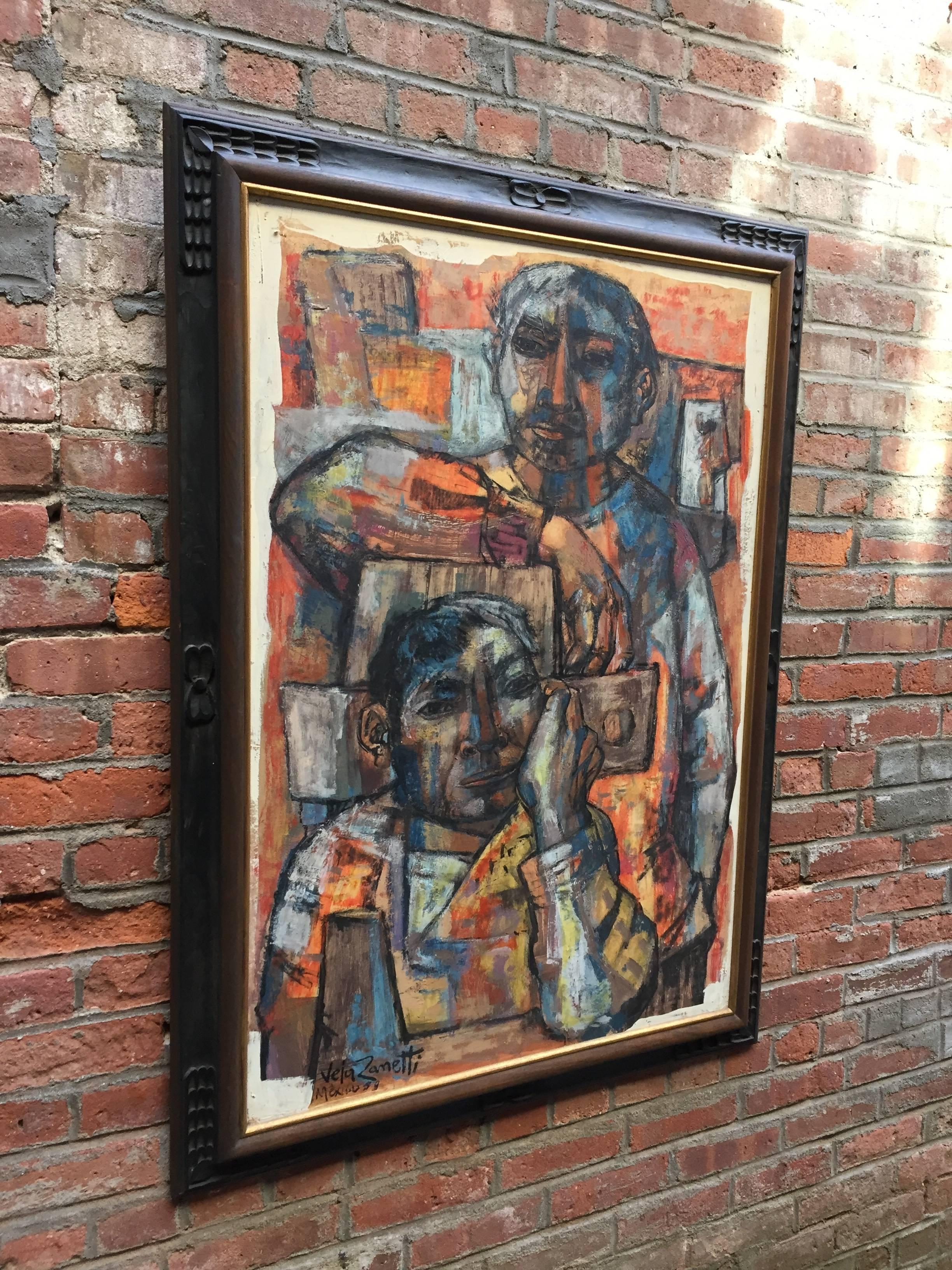 A wonderful depiction of two male figures by Spanish artist, Jose Vela Zanetti. The medium is oil paint on board. Signed lower left, Vela Zanetti, Mexico, 1958. The piece is framed in a hand-carved Mexican frame. The piece measures 29