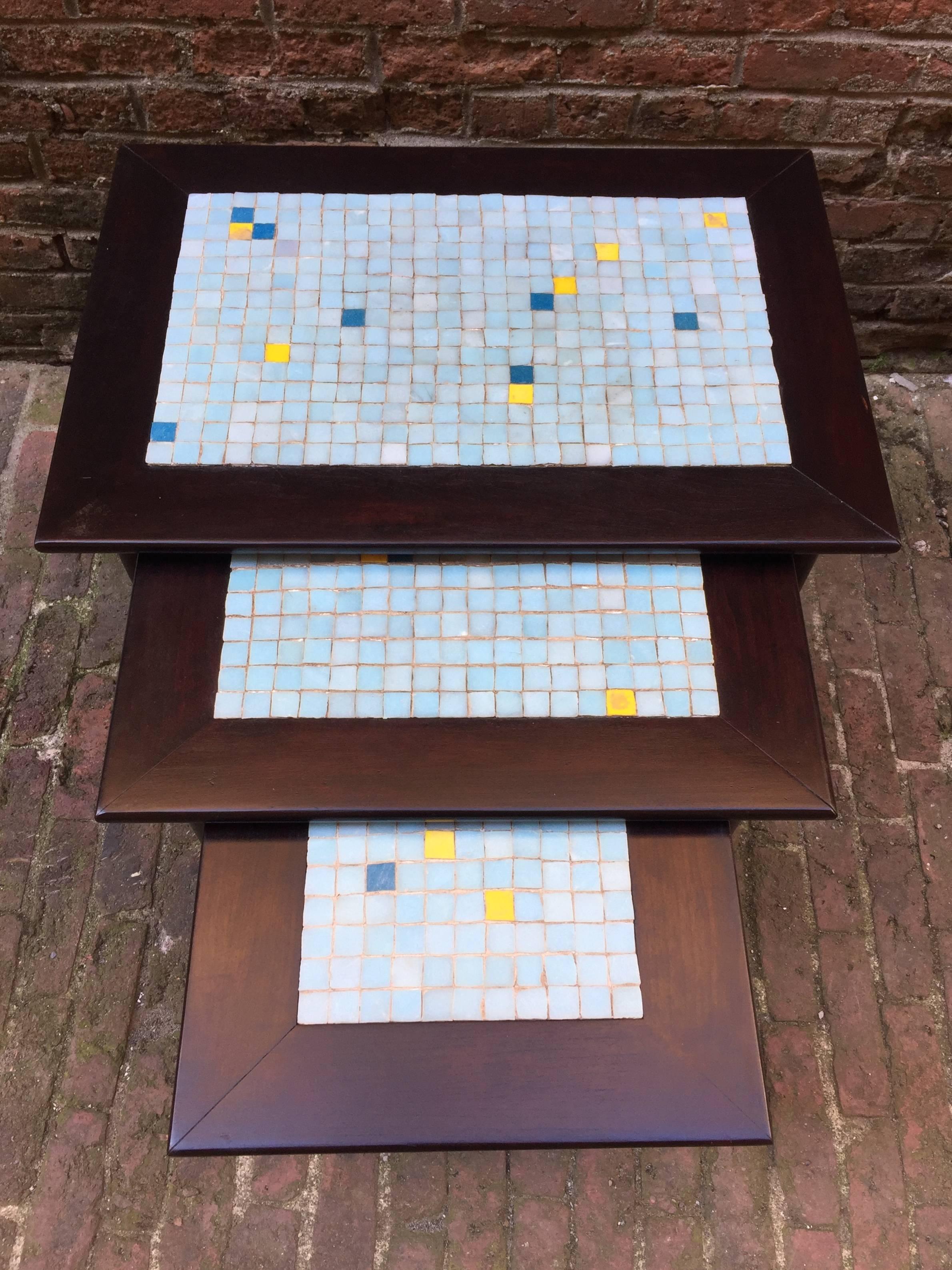 Mid-Century Modern Dunbar Style Mosaic Tile Nesting Tables