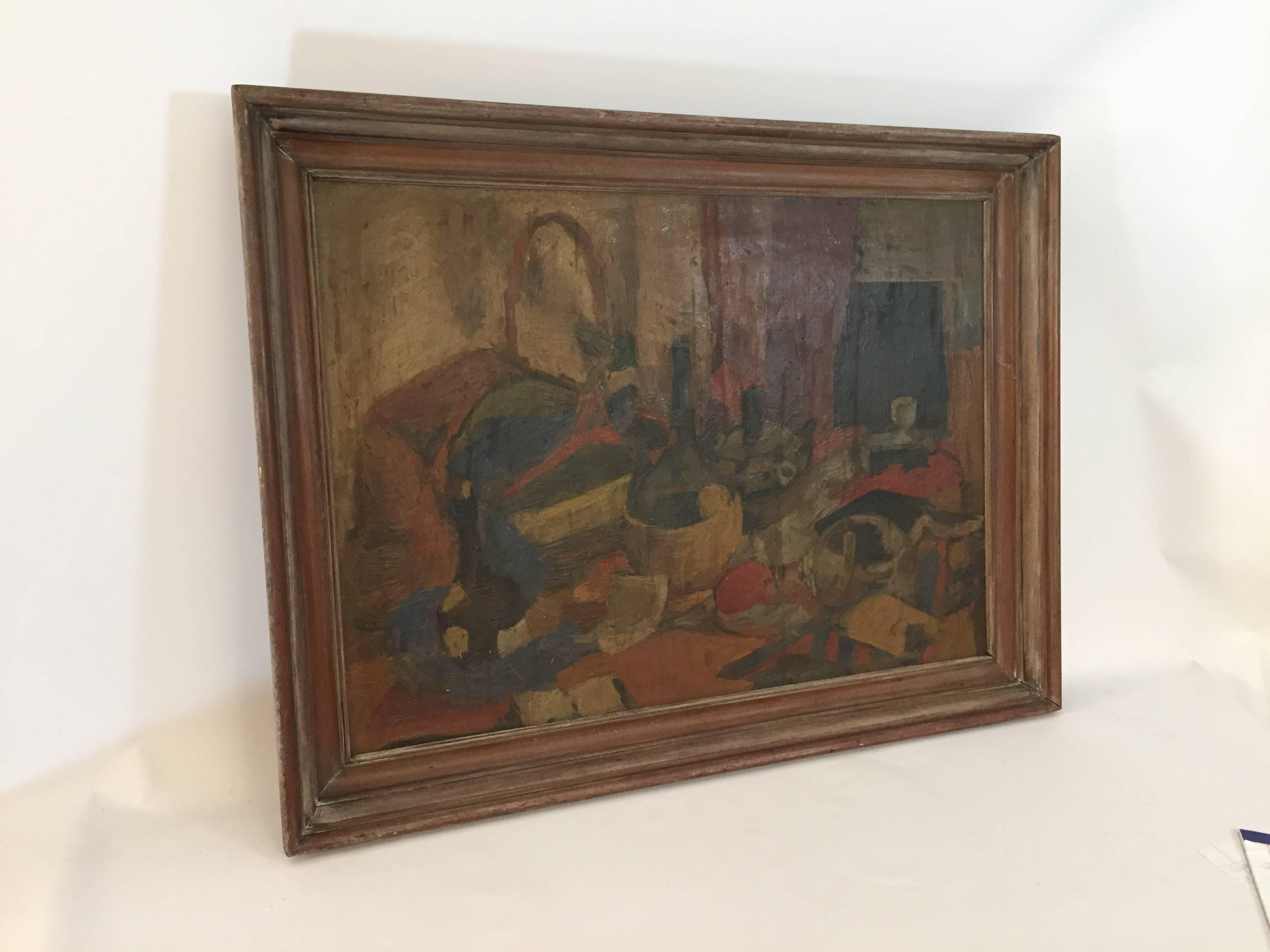 Finely executed oil paint on canvas by H.C. Meyer. Very dark and in need of a good cleaning. The colors will pop. Depicted are an array of tabletop items most notably fruit and a bottle of Chianti. Signed on back of canvas, H.C. Meyer '41. Framing