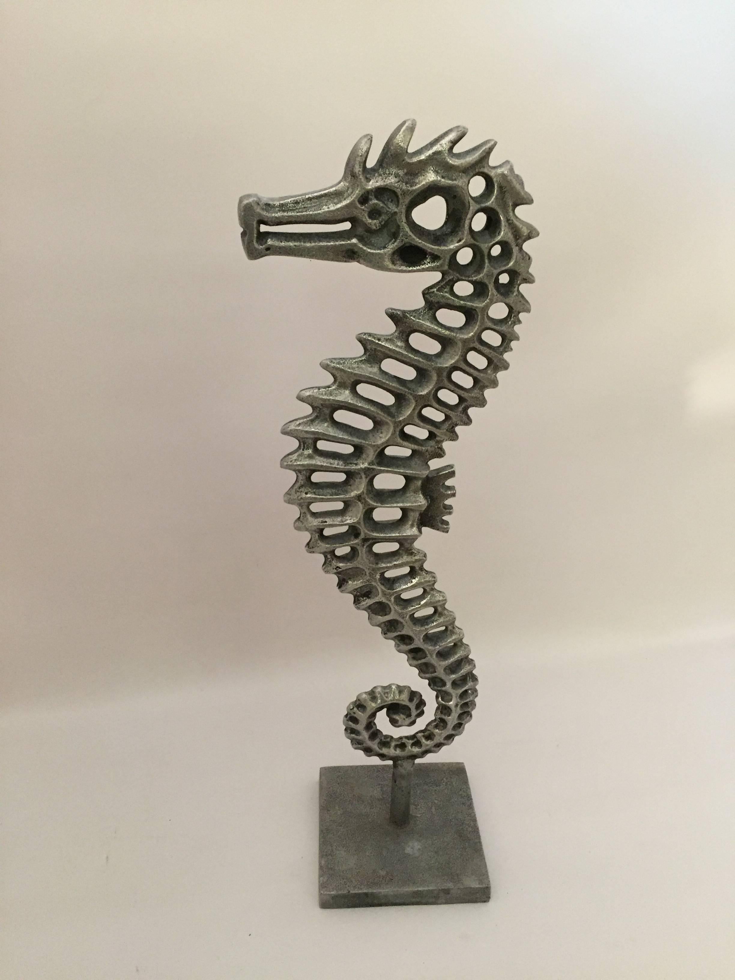 Wonderful cast aluminum seahorse sculpture in the style of Don Drumm. Unsigned. Very good original condition, circa 1970.