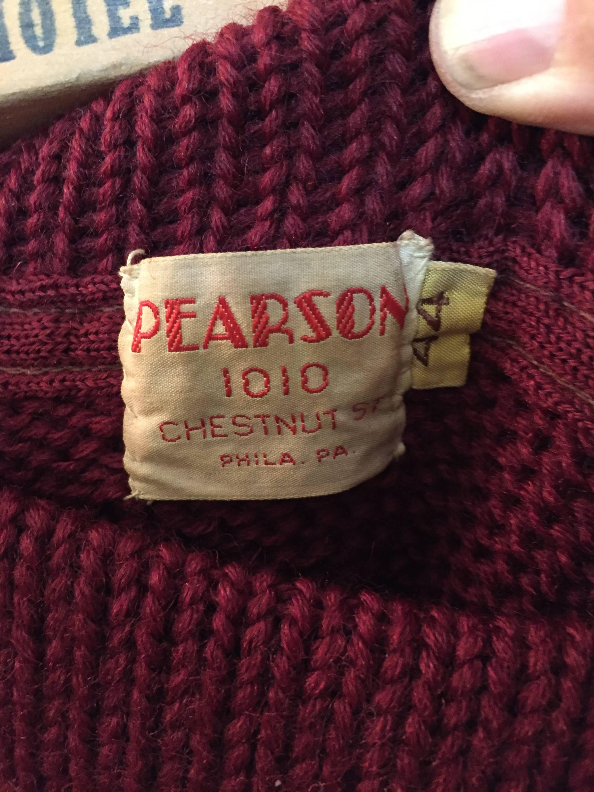 Fantastic wool herringbone weave letterman's sweater. Former alumnus who rode crew received his letterman's sweater, circa 1953-1954. Beautiful maroon sweater with a navy blue stitched on felt 'P'. 

The label reads Pearson, 1010, Chestnut St.,