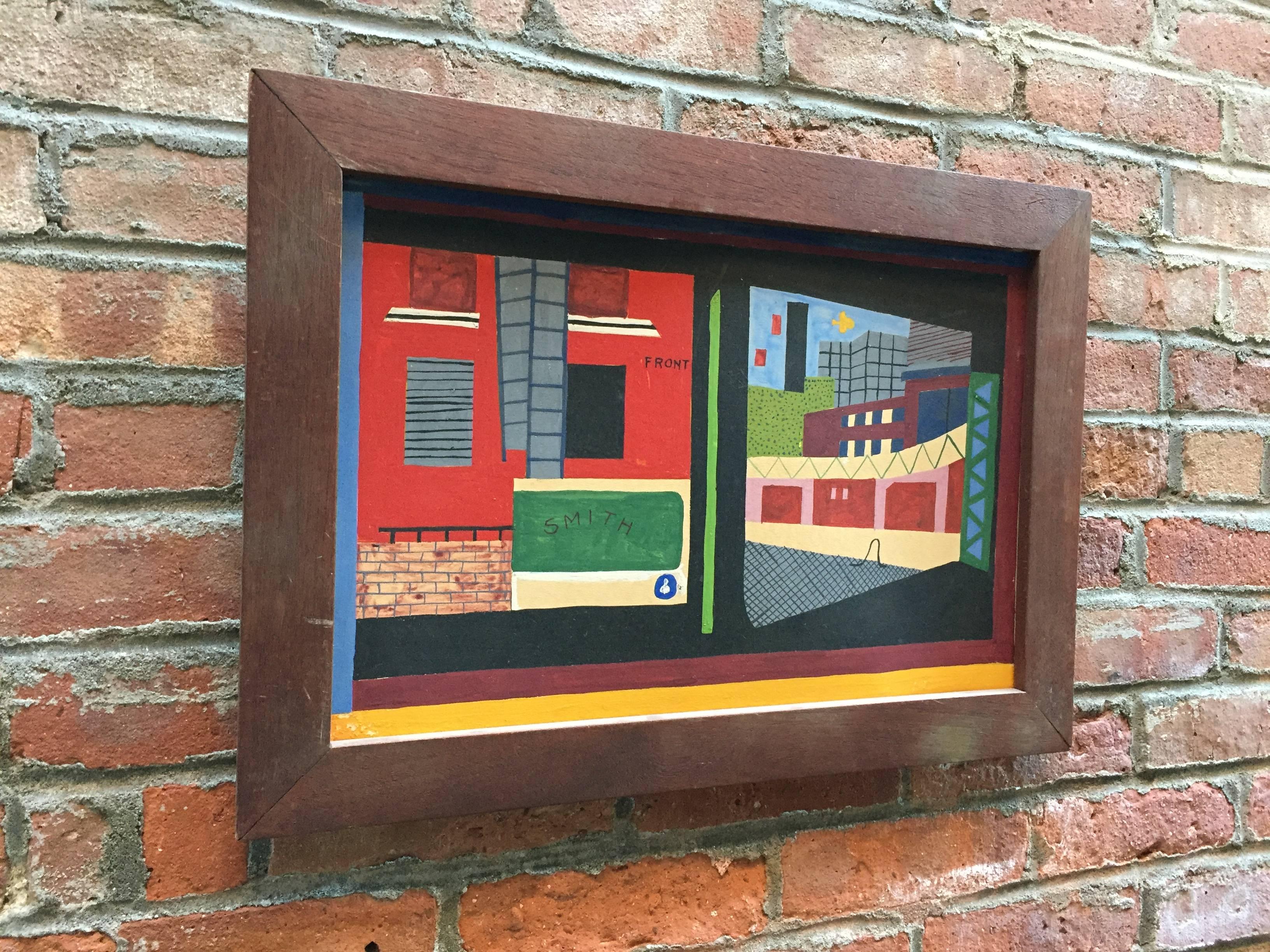 Colorful oil paint on academy board depicting a peep hole composition of a factory/street scene. Unsigned, but influenced in the manner of the great American Social Realist, Stuart Davis. 

Solid Mahogany frame. The overall dimensions are 21.5