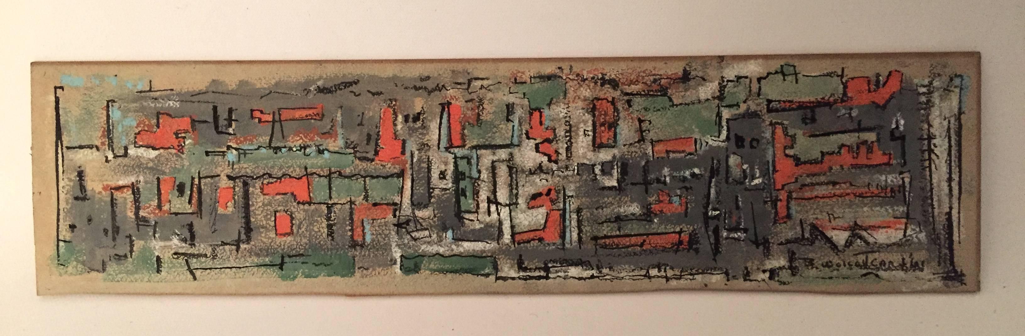 Signed lower right, B. Wolcott Cary, '61. Very nice abstracted panoramic cityscape mixed media. Cary primarily painted in Massachusetts, so this is possibly an old factory town like New Bedford. Gouache or watercolor on academy board. Very good,