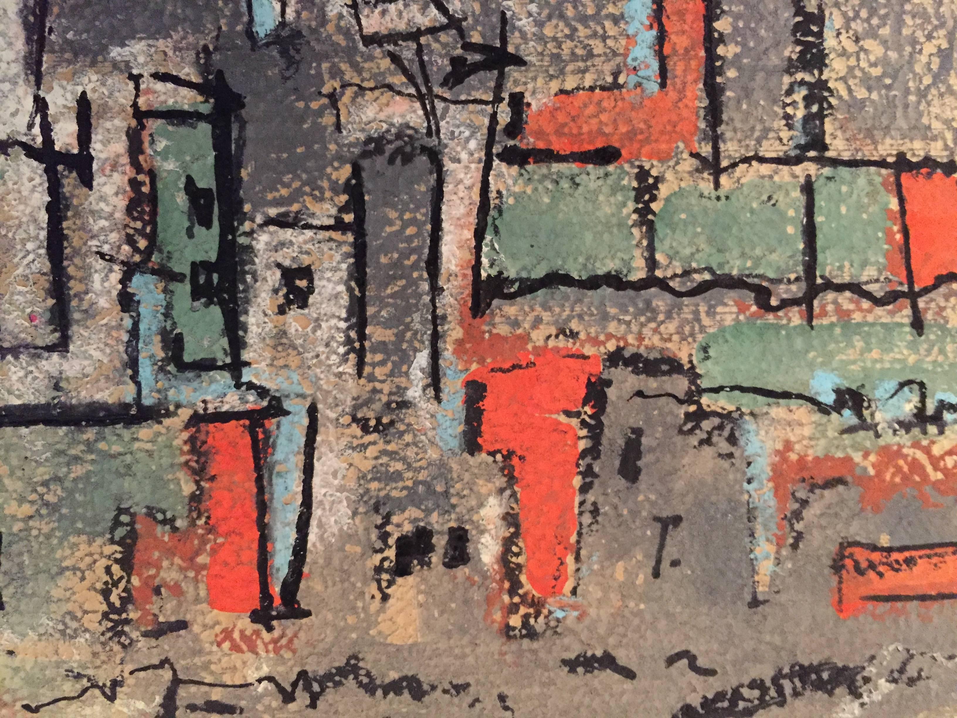 Bud Wolcott Cary 1961 Panoramic Cityscape Gemälde, Knospen (amerikanisch) im Angebot