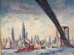 Old New York East River Brooklyn Bridge Cityscape Painting