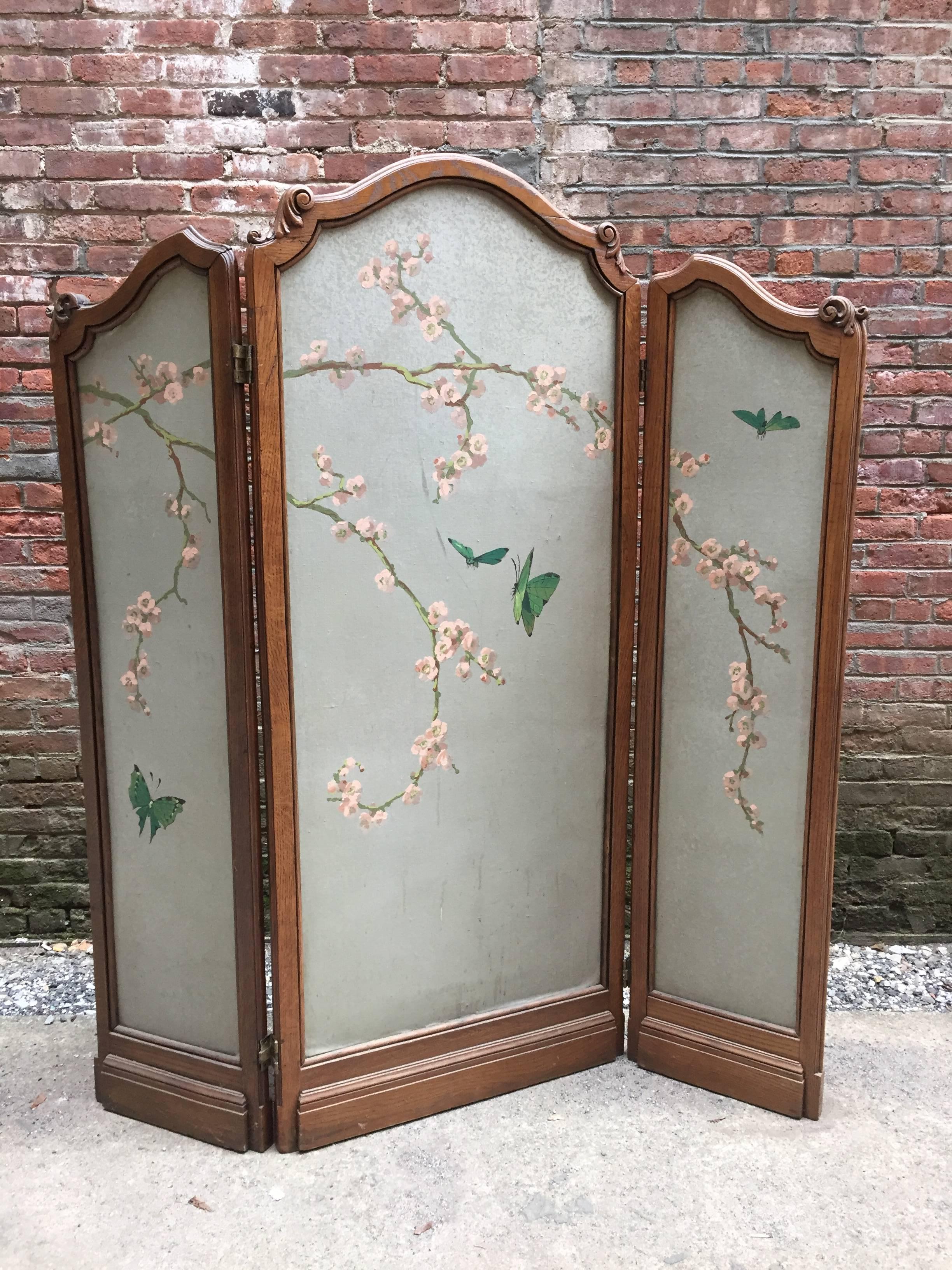 Carved 1930s Japonisme Flora and Fauna Room Divider