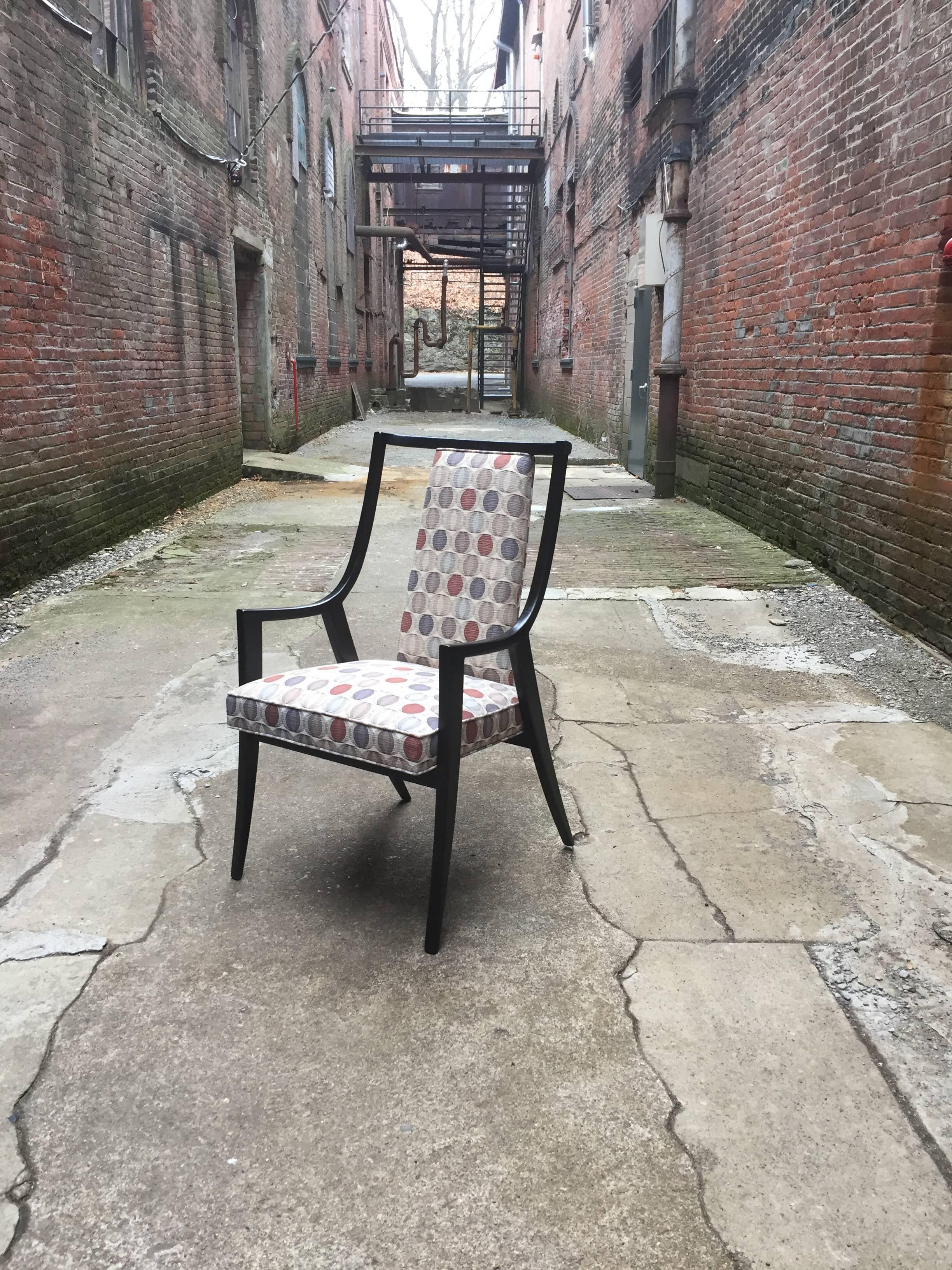 Elegant ebonized solid mahogany frame and newly upholstered seat and back. The chair has amazing lines. Design by Harvey Probber. Unsigned.

Measure: 23.5