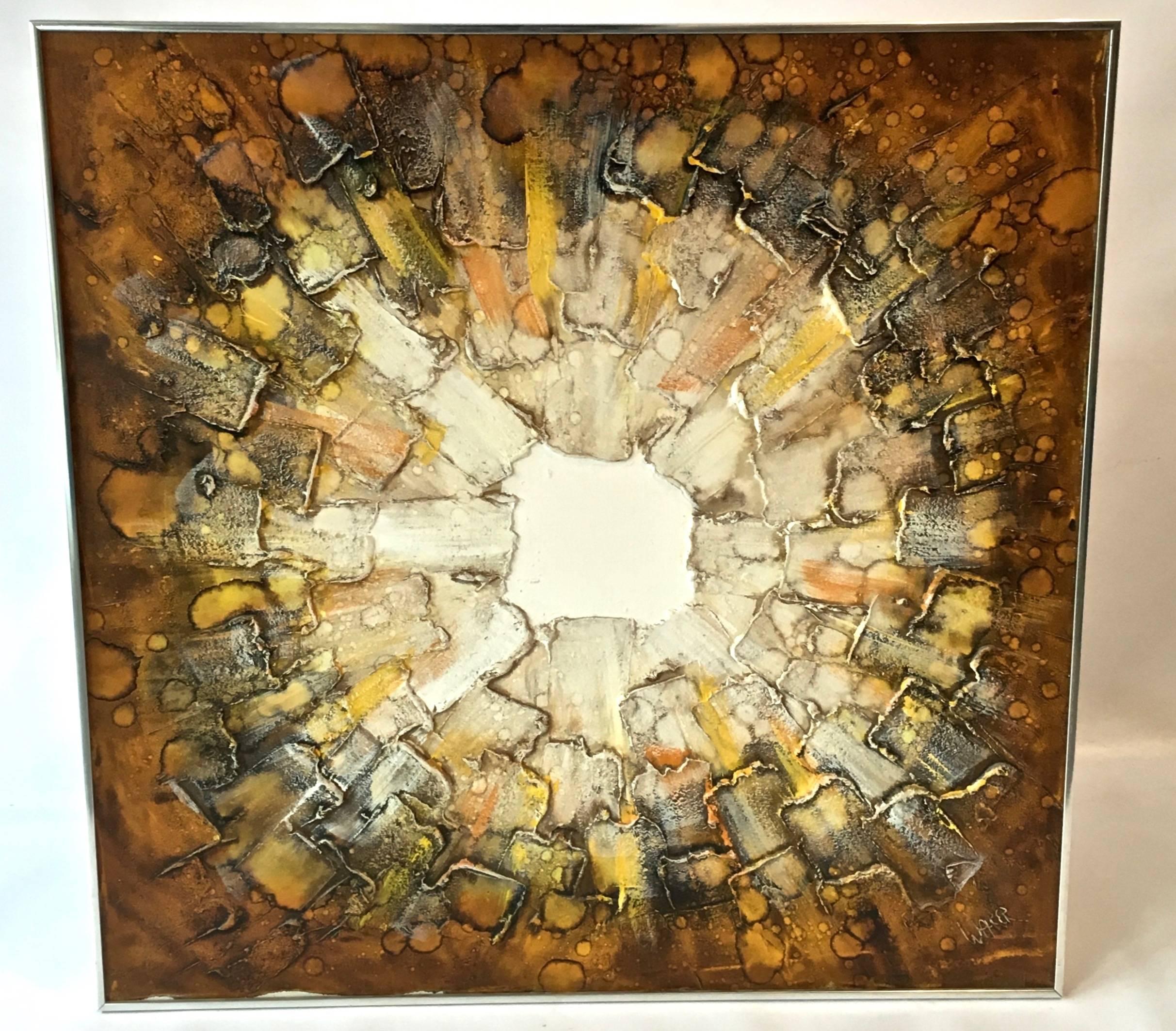 Incredible starburst abstract in tones of umber, gold, yellow, rust and ivory, in original chrome frame. Thickly applied impasto textured paint radiating from center. Signed by Artist 