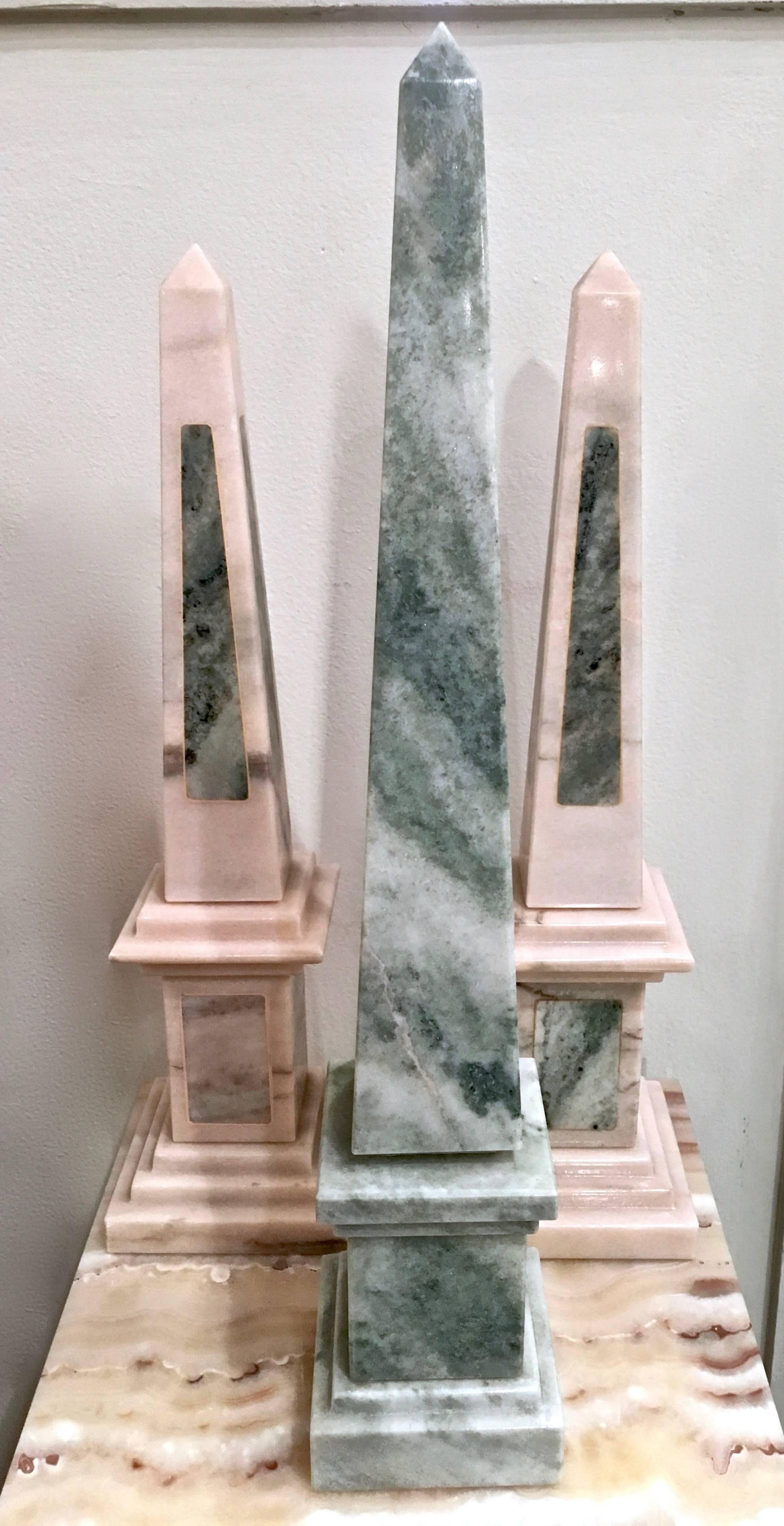 Superior quality trio of solid Italian Marble obelisks, stepped up carved bases with original labels attached 