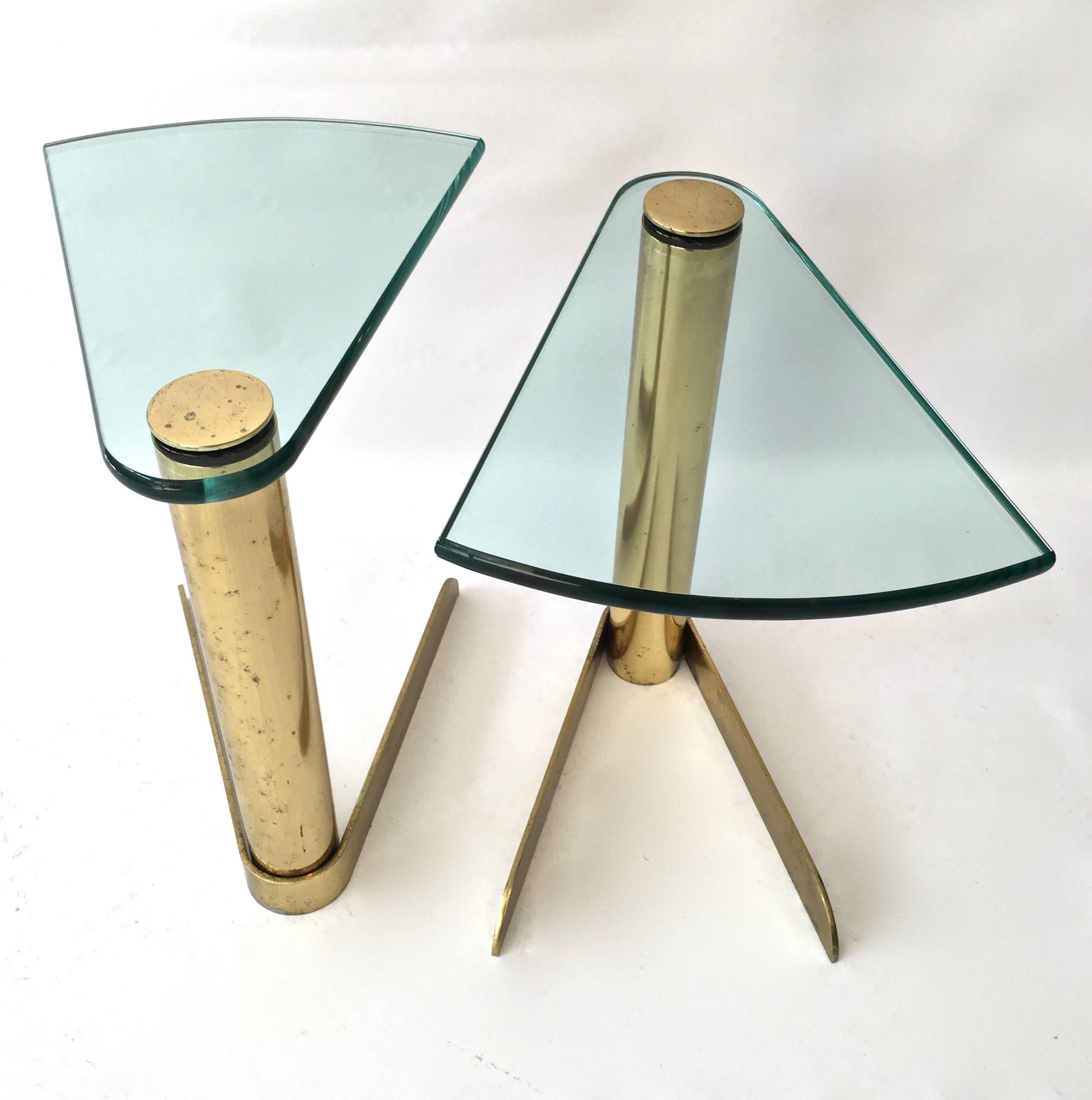 Polished Pair of Brass and Glass Side or Drinks Tables by Pace Collection