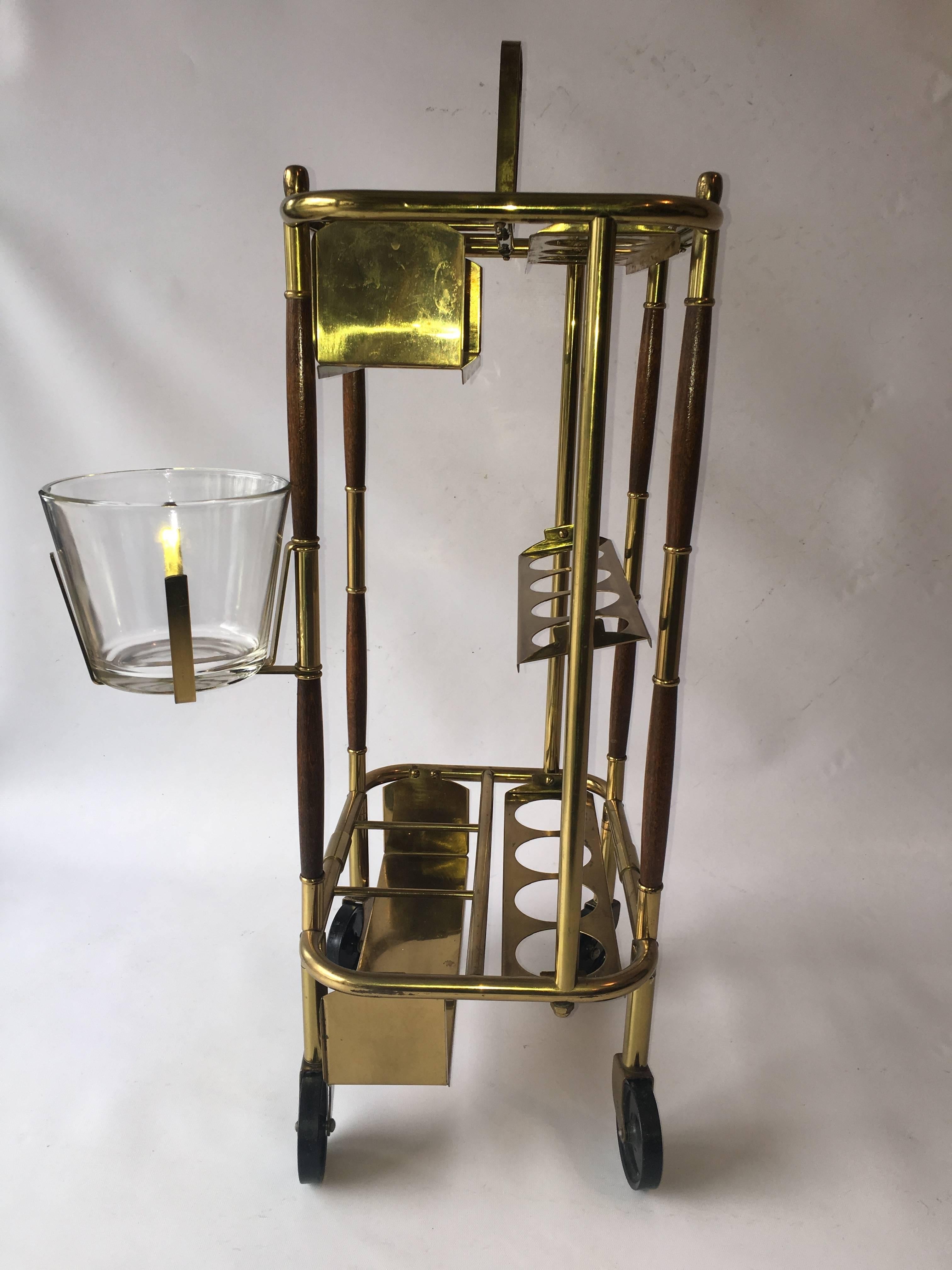 Patinated Mid-Century Italian Bar Cart, with Ice Bucket, Attributed to Cesare Lacca