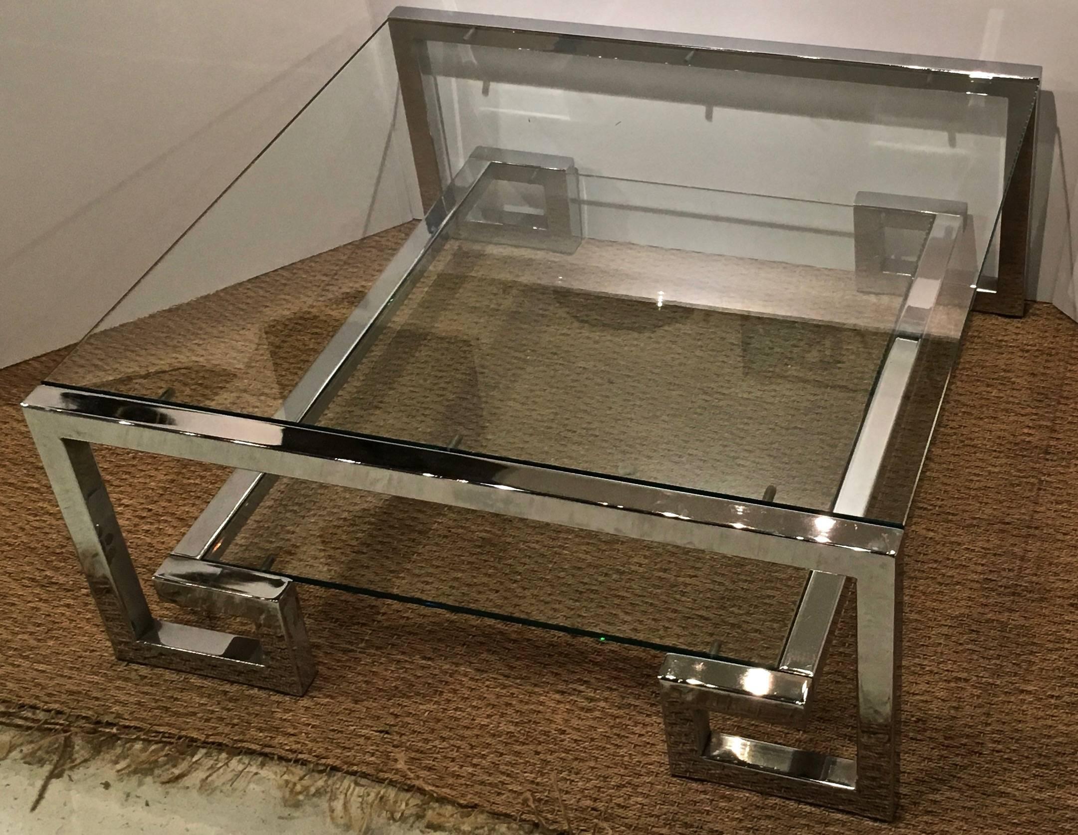 Mid-Century Modern Chrome and Glass Greek Key Coffee Table, Manner of Milo Baughman