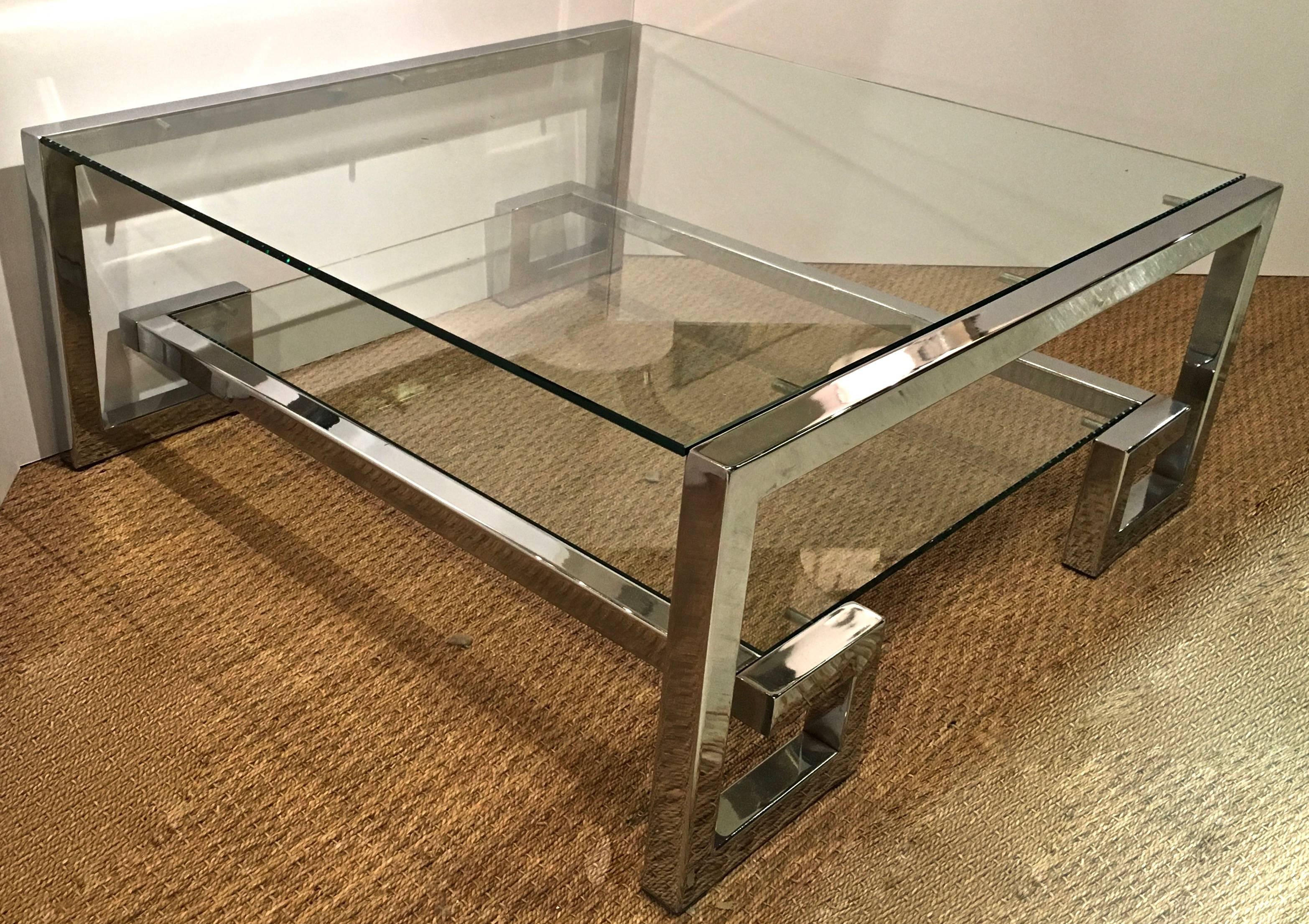 Unknown Chrome and Glass Greek Key Coffee Table, Manner of Milo Baughman