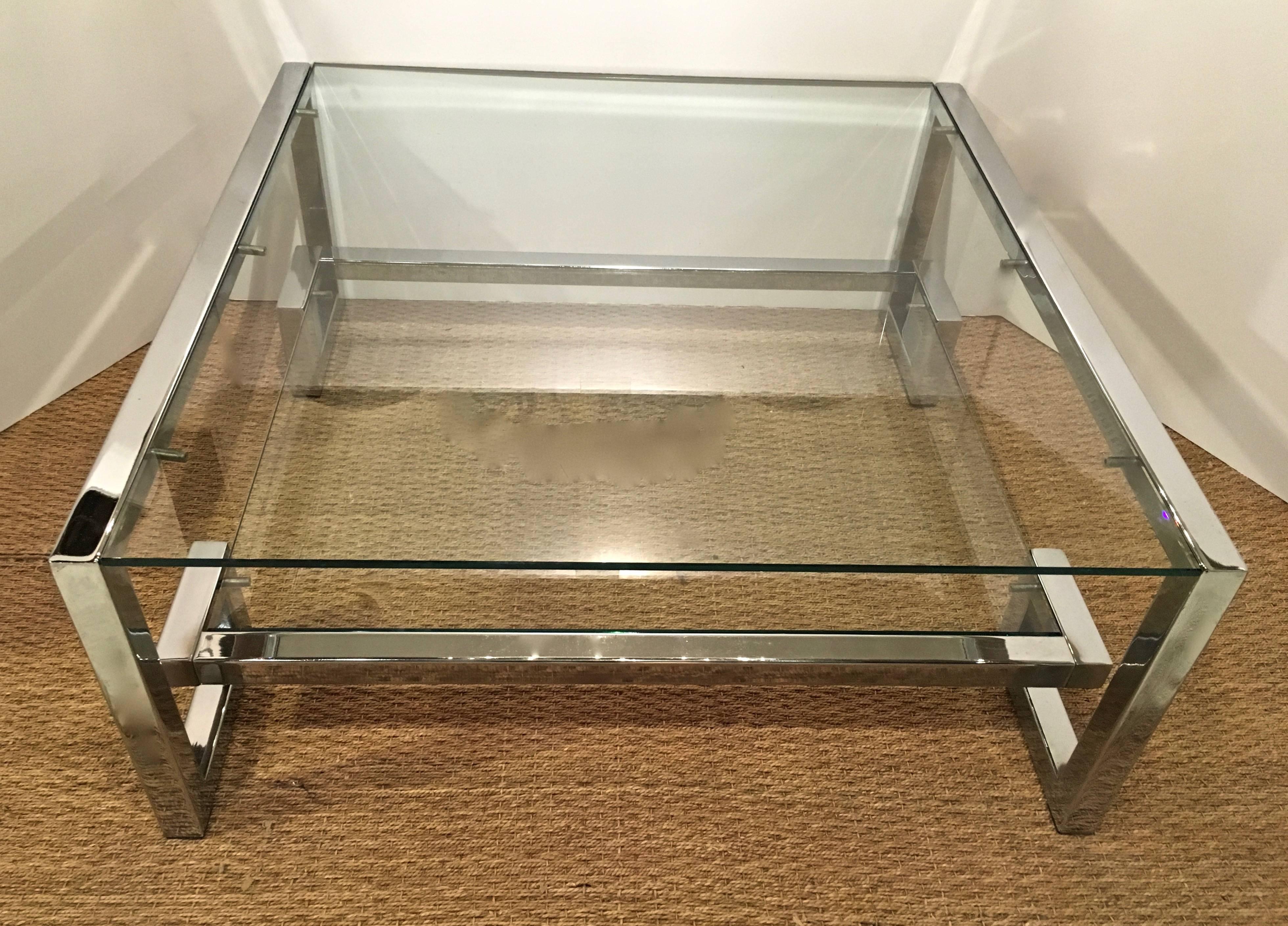 Polished Chrome and Glass Greek Key Coffee Table, Manner of Milo Baughman