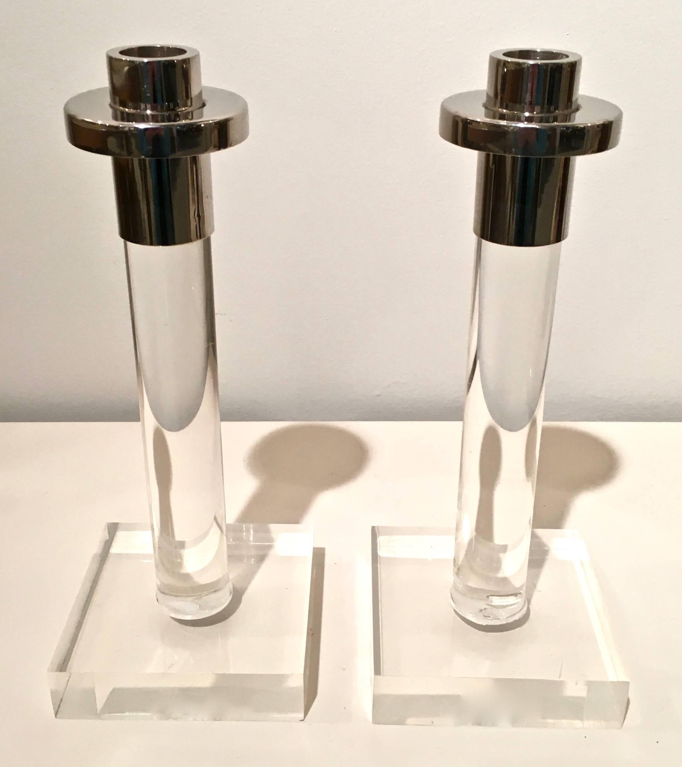 Pair of gorgeous Dorothy Thorpe Lucite and chrome candleholders.