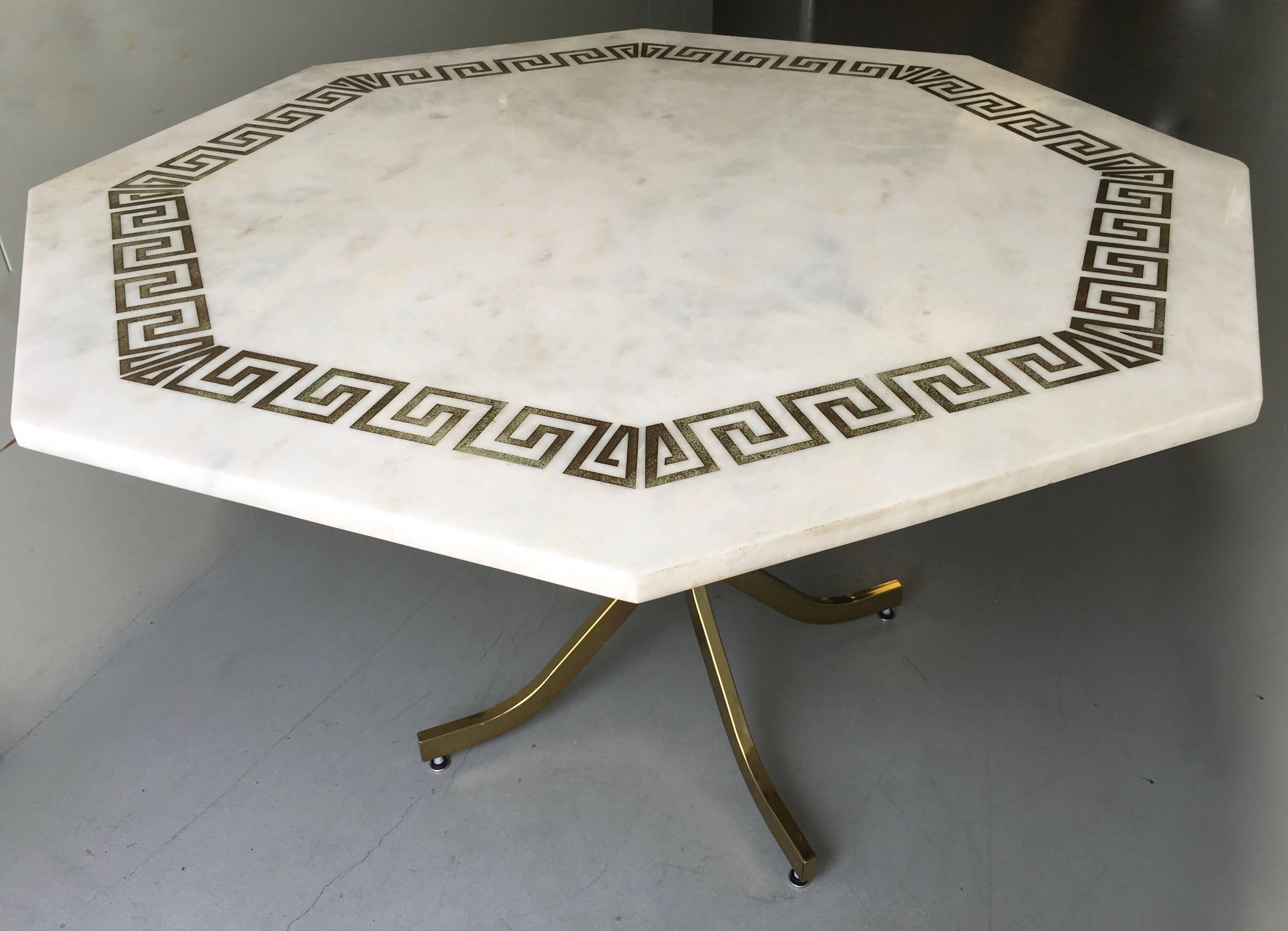 Mid-Century Modern Marble Octagonal Dining or Center Table, Etched Greek Key Border