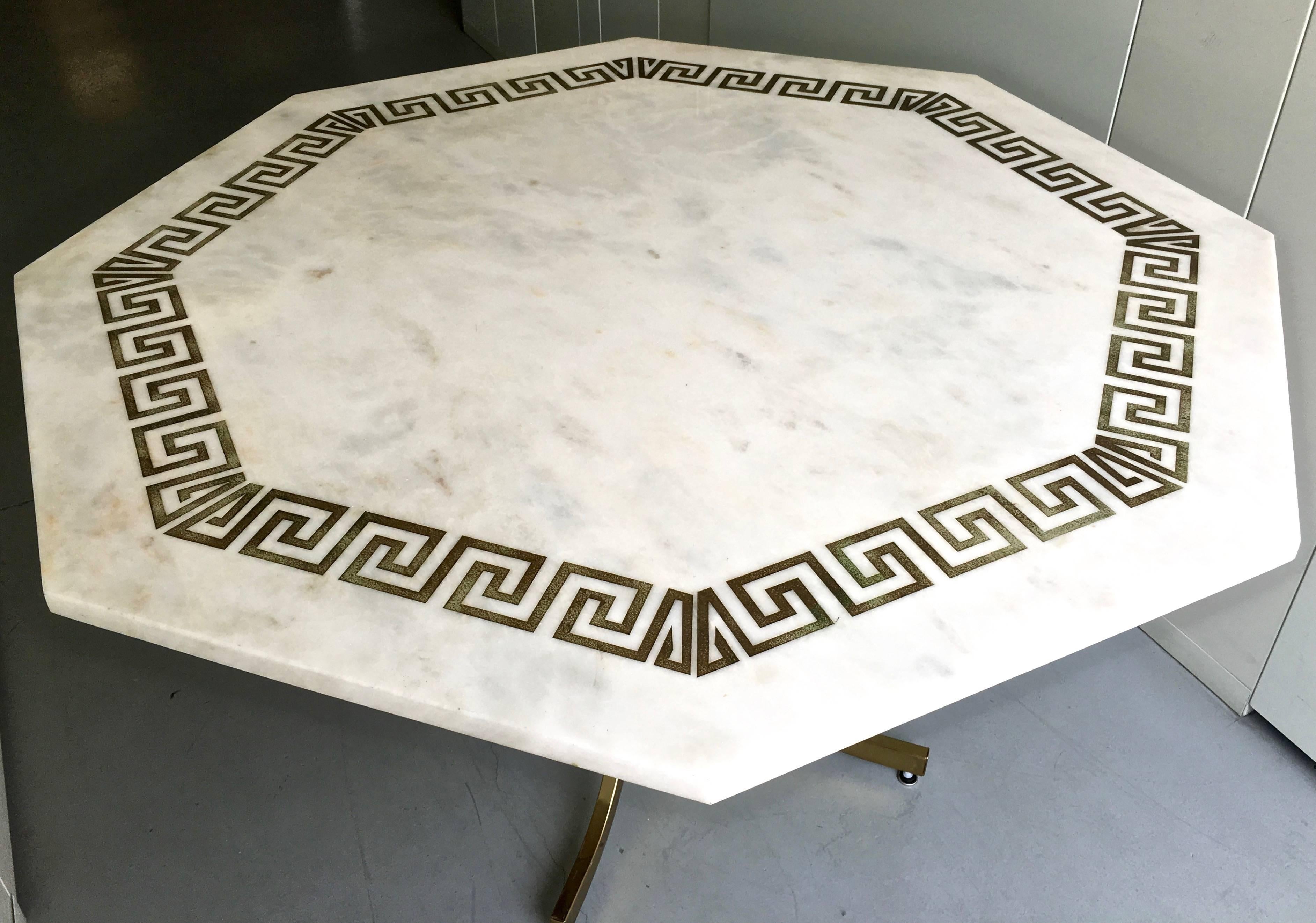 Italian Marble Octagonal Dining or Center Table, Etched Greek Key Border