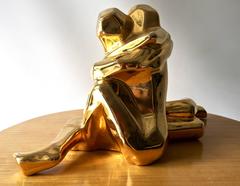 Mid-Century Modern 24-Karat Gold-Plate Jaru Cubist Sculpture of Lovers Embracing