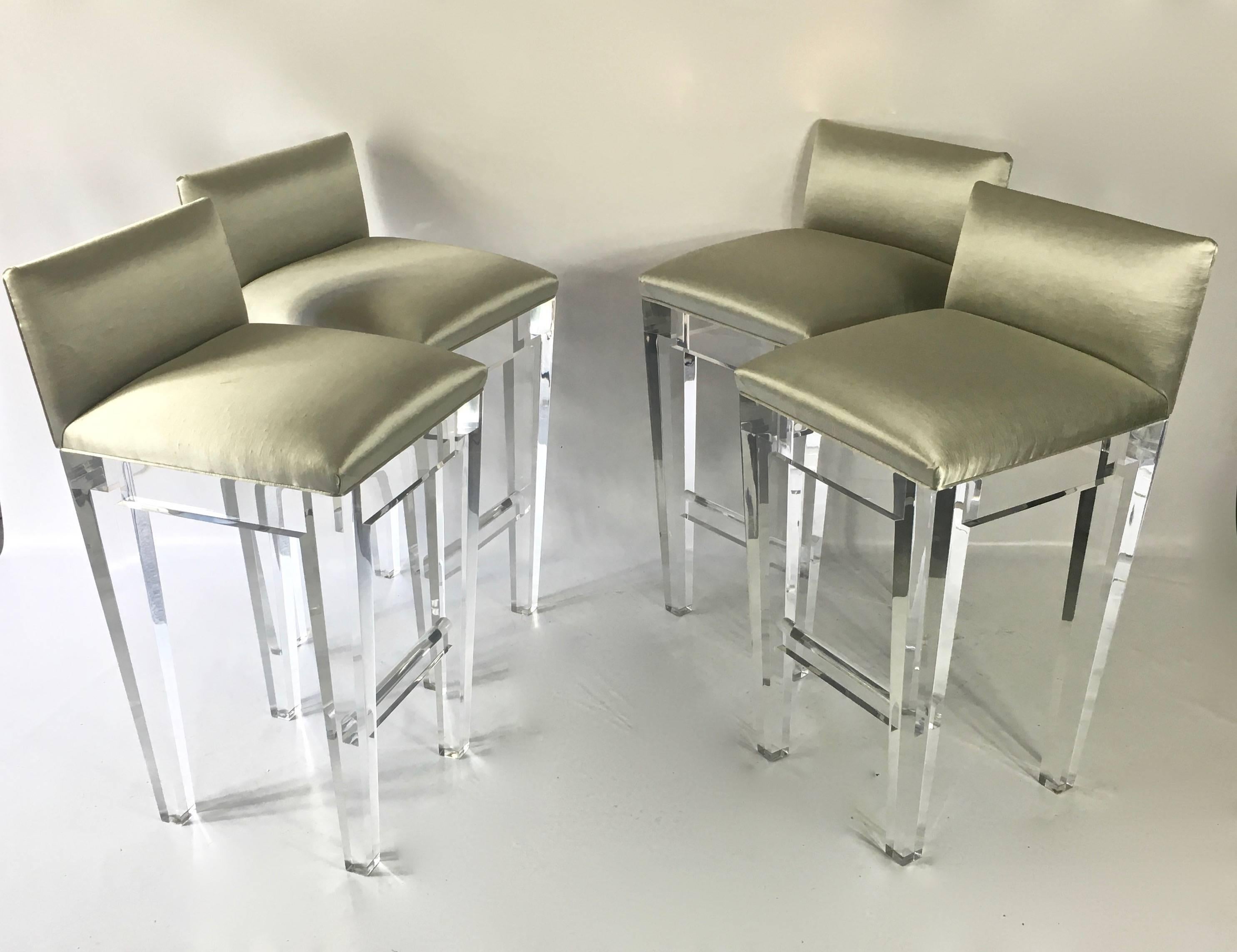 American Incredible Lucite Bar Stools, Set of Four with Silk Upholstery