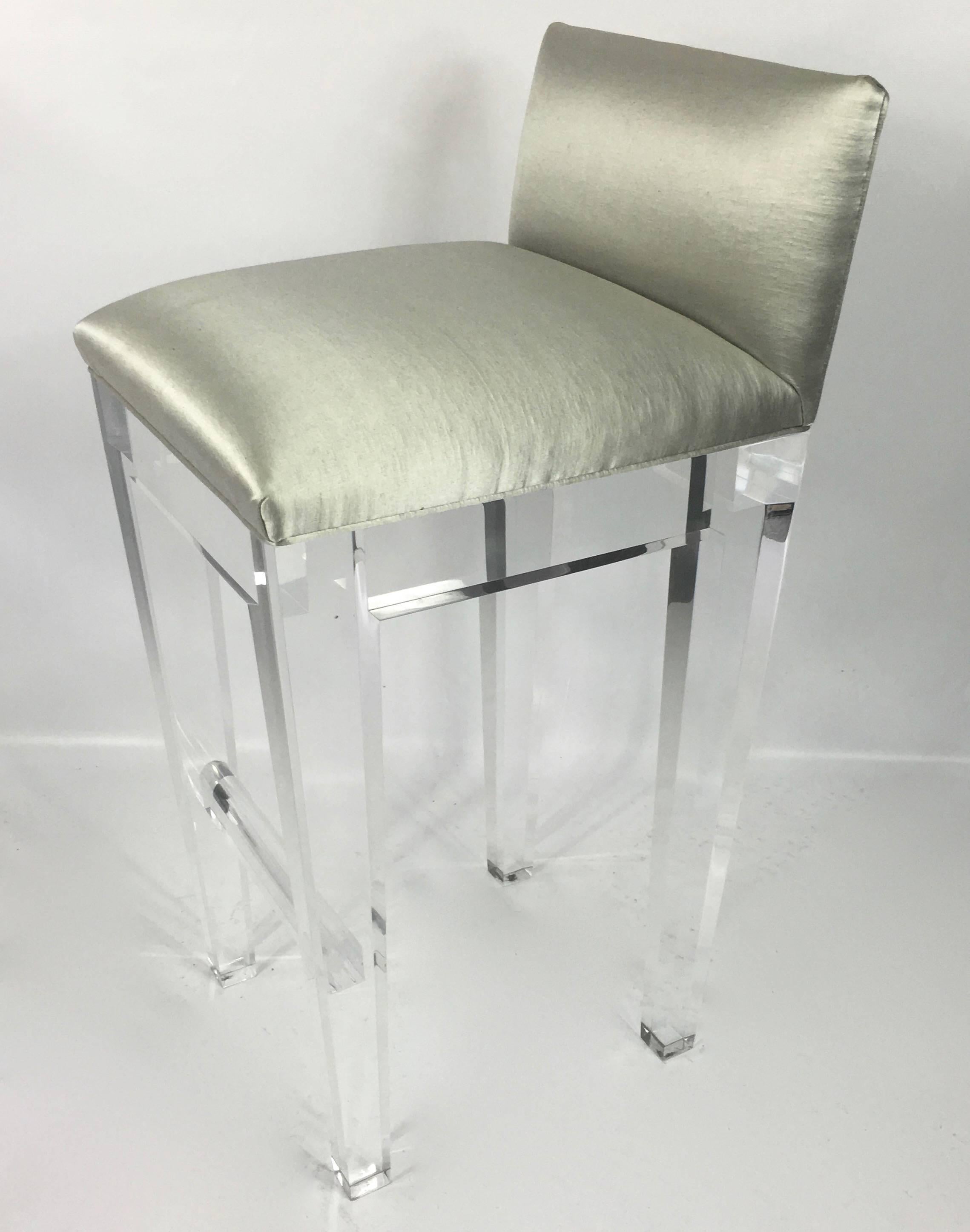 Incredible Lucite Bar Stools, Set of Four with Silk Upholstery 1