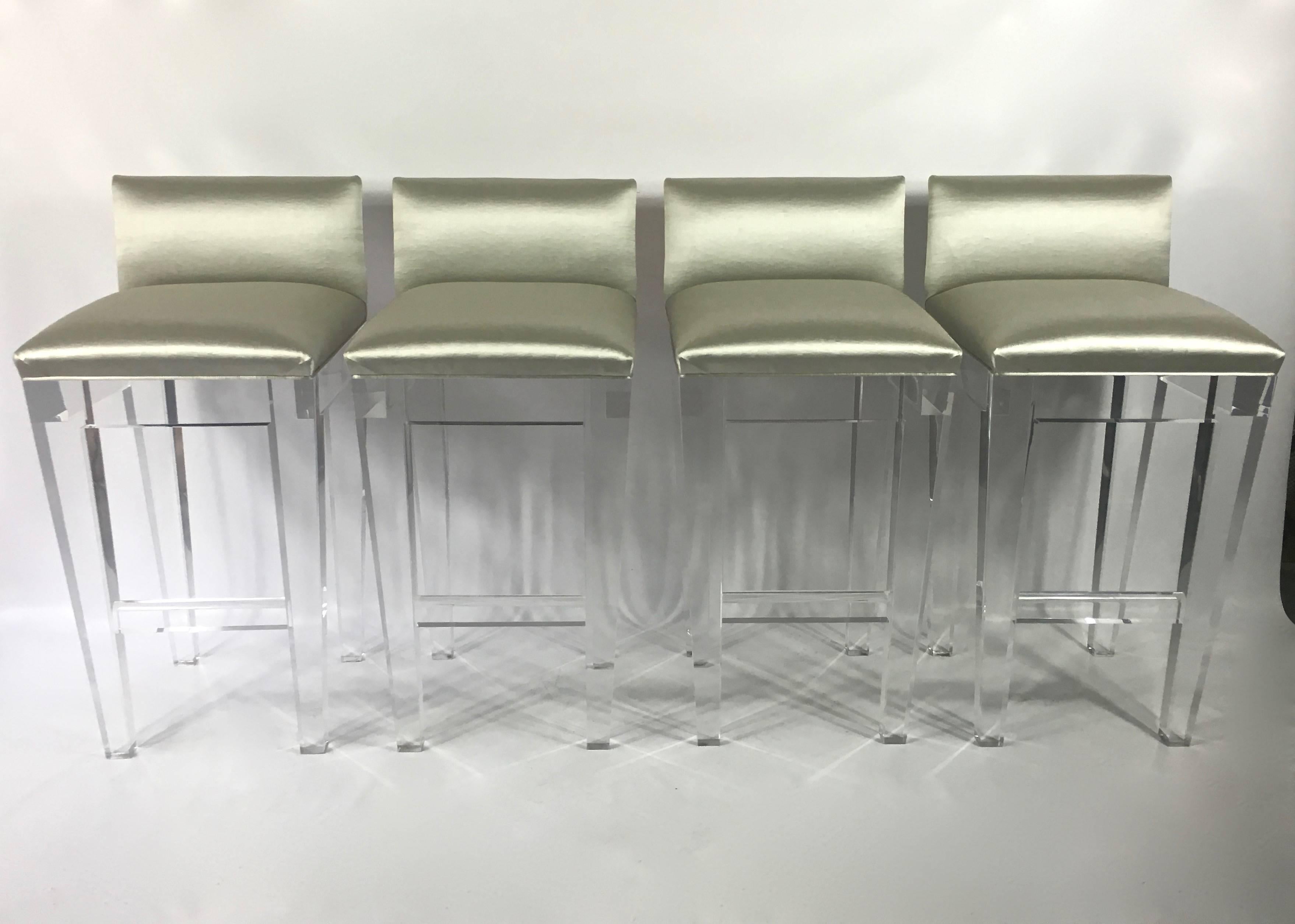 Incredible Lucite Bar Stools, Set of Four with Silk Upholstery 2