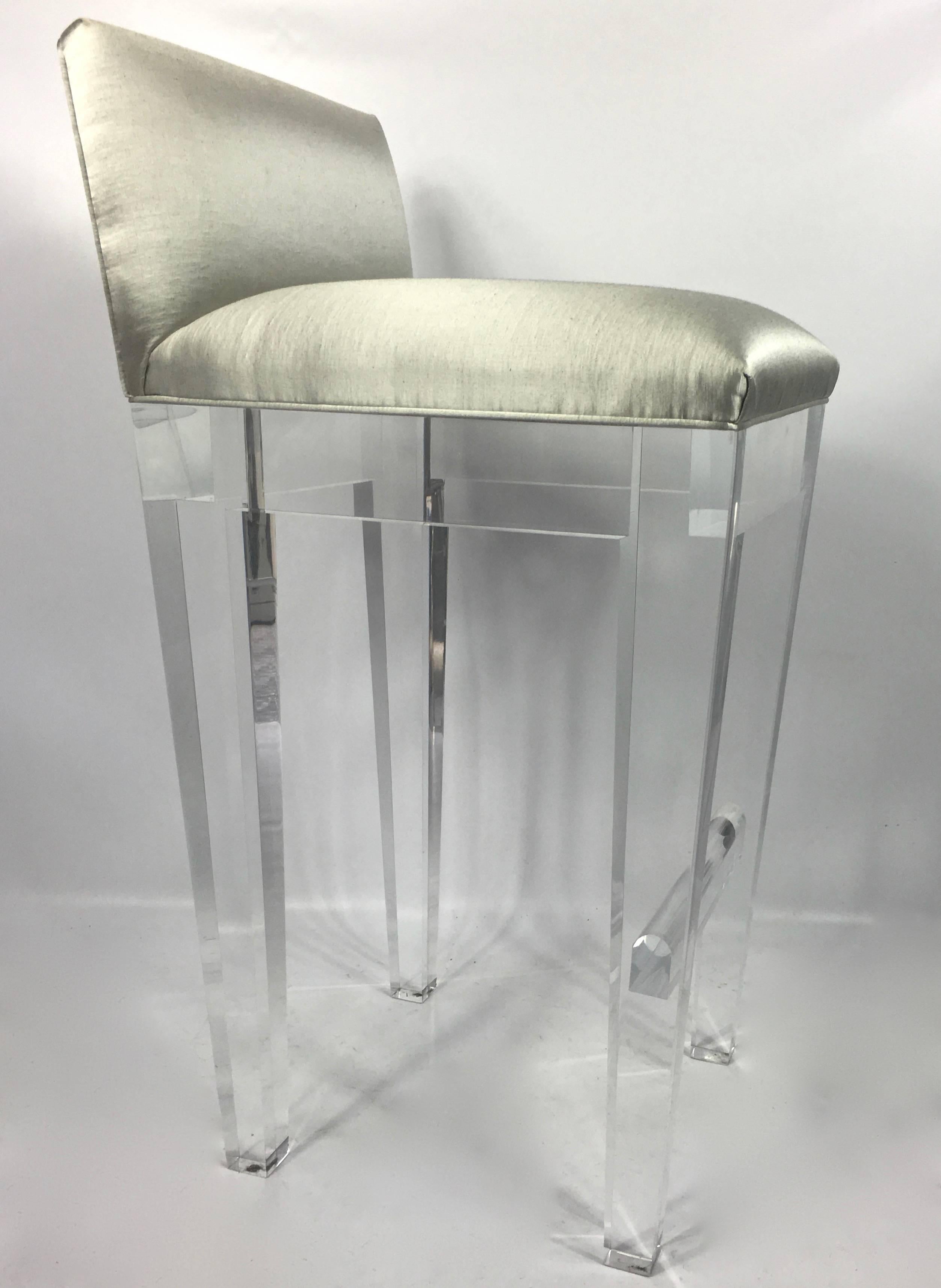Contemporary Incredible Lucite Bar Stools, Set of Four with Silk Upholstery