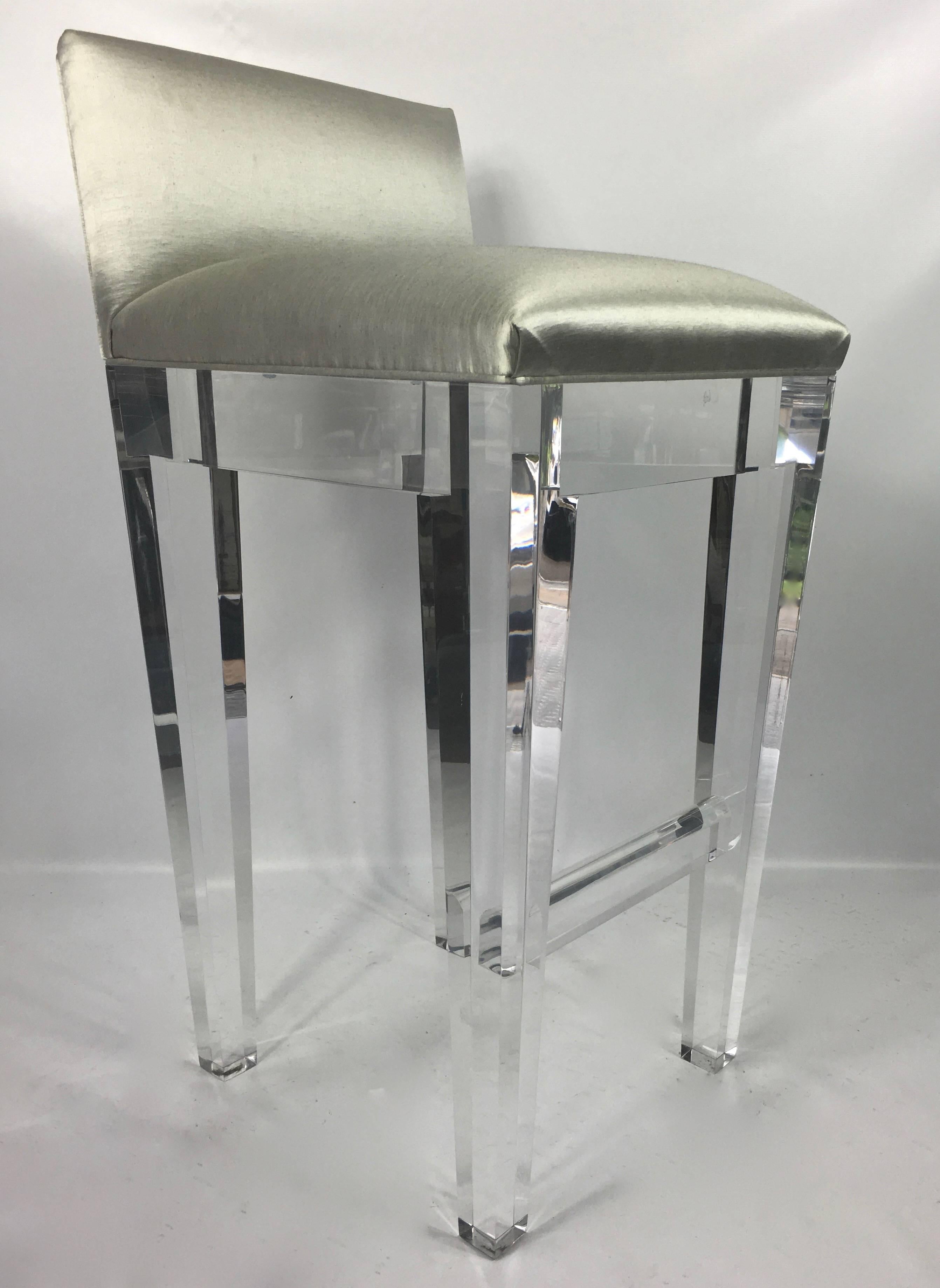Incredible Lucite Bar Stools, Set of Four with Silk Upholstery In Good Condition In Stamford, CT