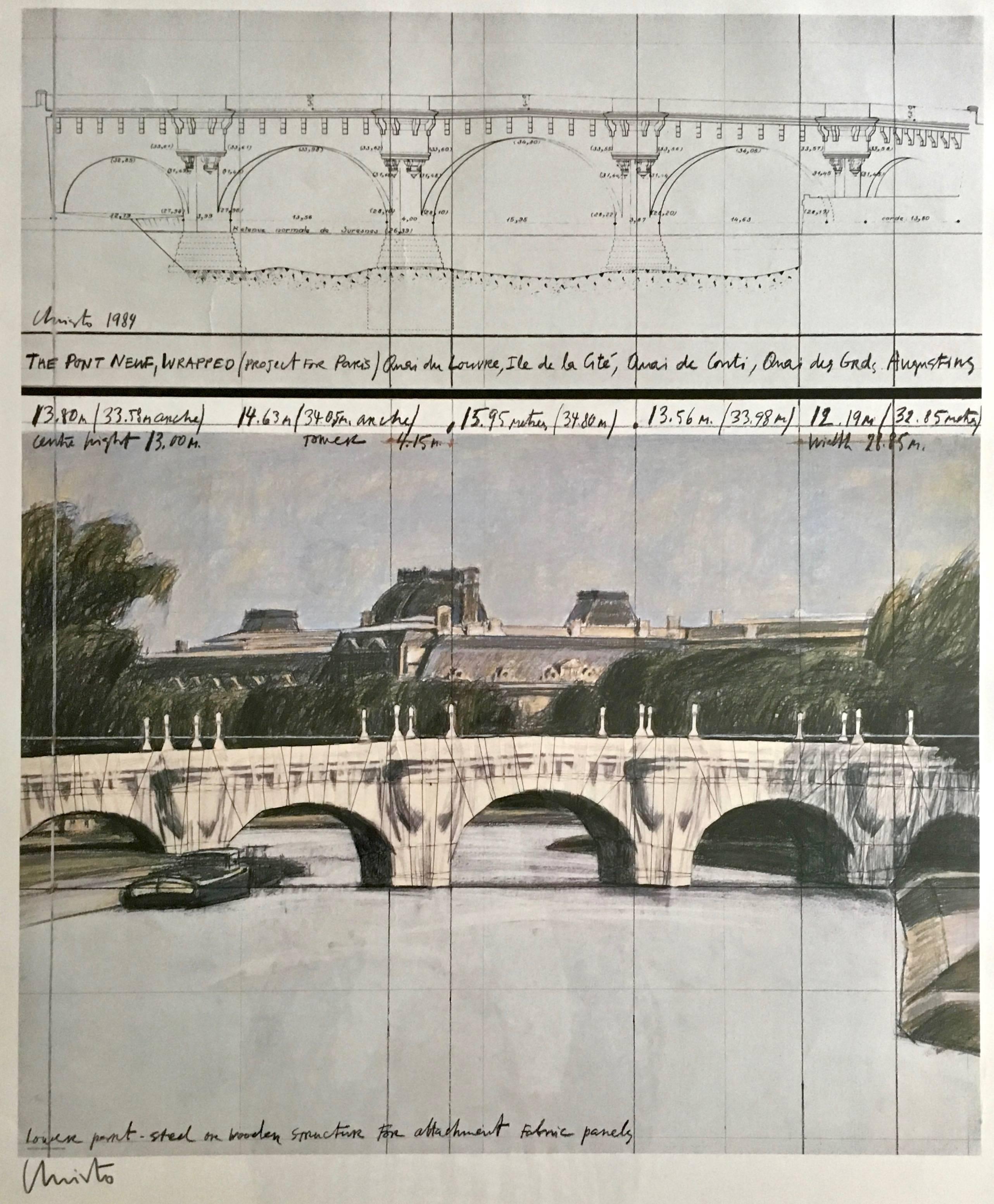 Christo (b.1935) Le Pont-Neuf, 1984 offset color lithograph on vellum paper, signed and framed.

In 1985, Christo and Jeanne-Claude wrapped the Pont-Neuf, the oldest bridge in Paris. The artists' vision for the project was conceived in 1975. It