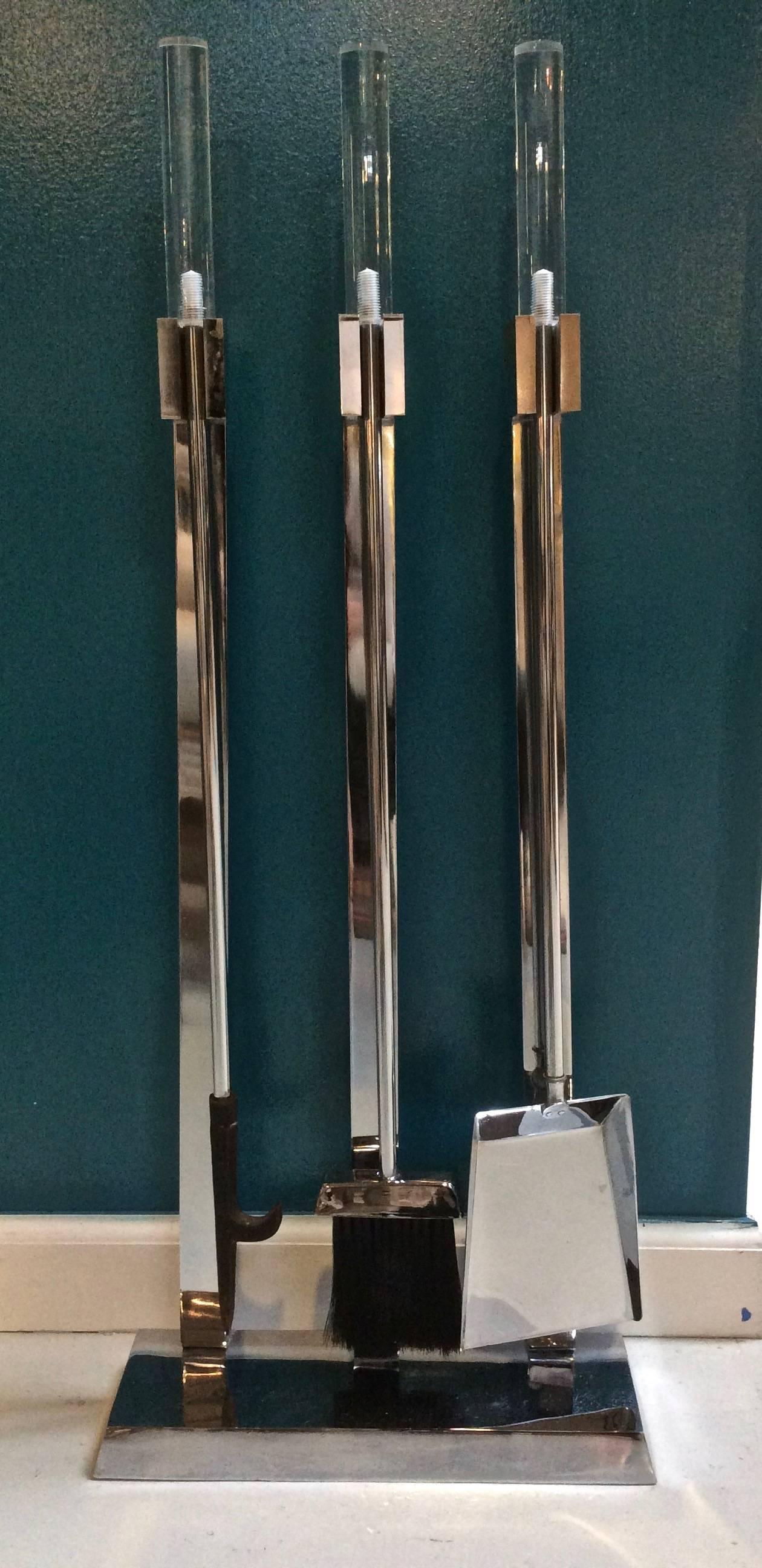 Unknown Mid-Century Chrome Fireplace Tool Set with Lucite Handles