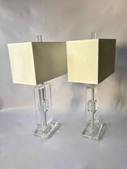 Pair of Chunky Lucite Table Lamps, with Shades and Lucite Finial