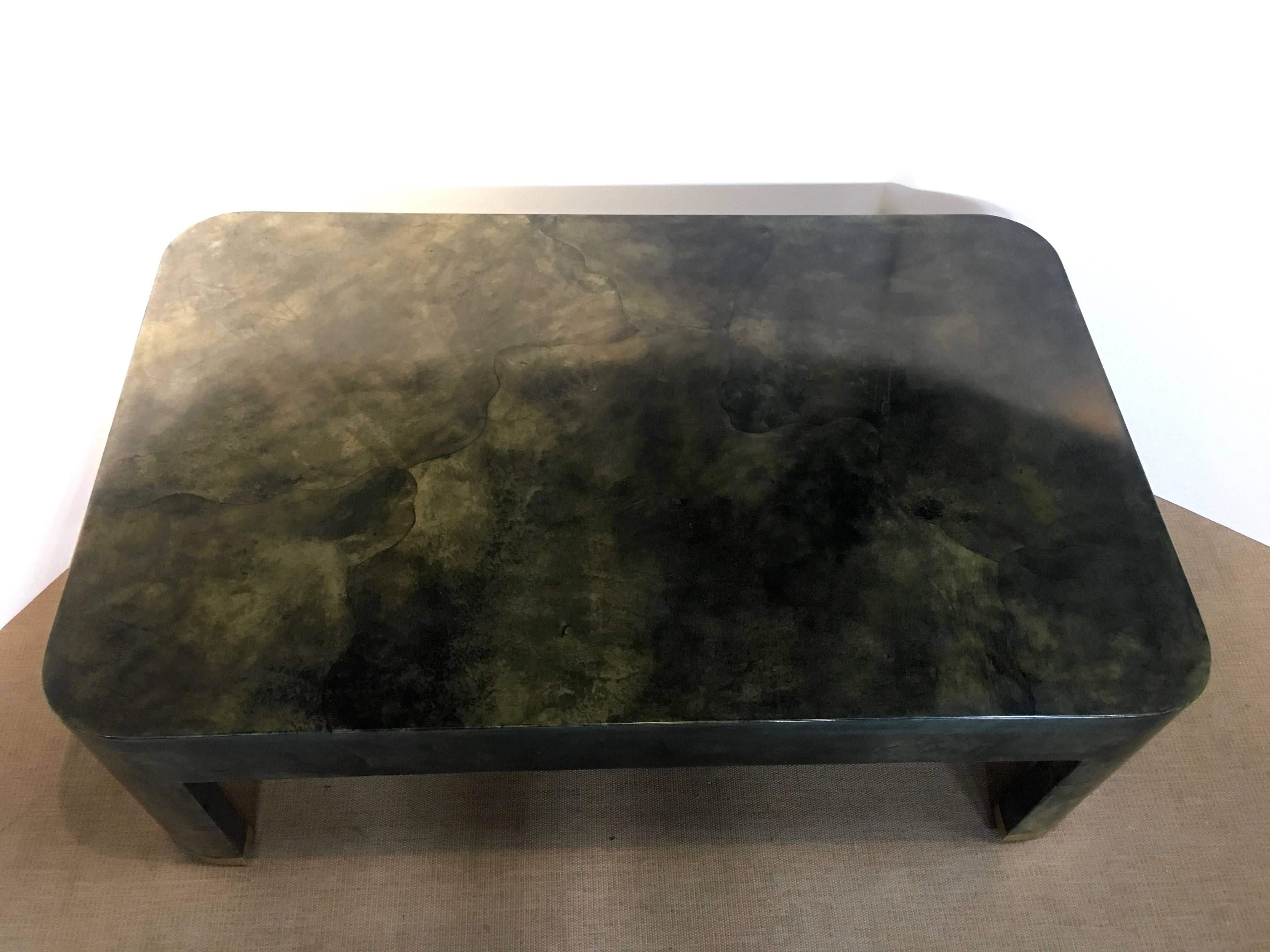 Late 20th Century Karl Springer Attributed Lacquered Goatskin Coffee Table with Brass Capped Legs