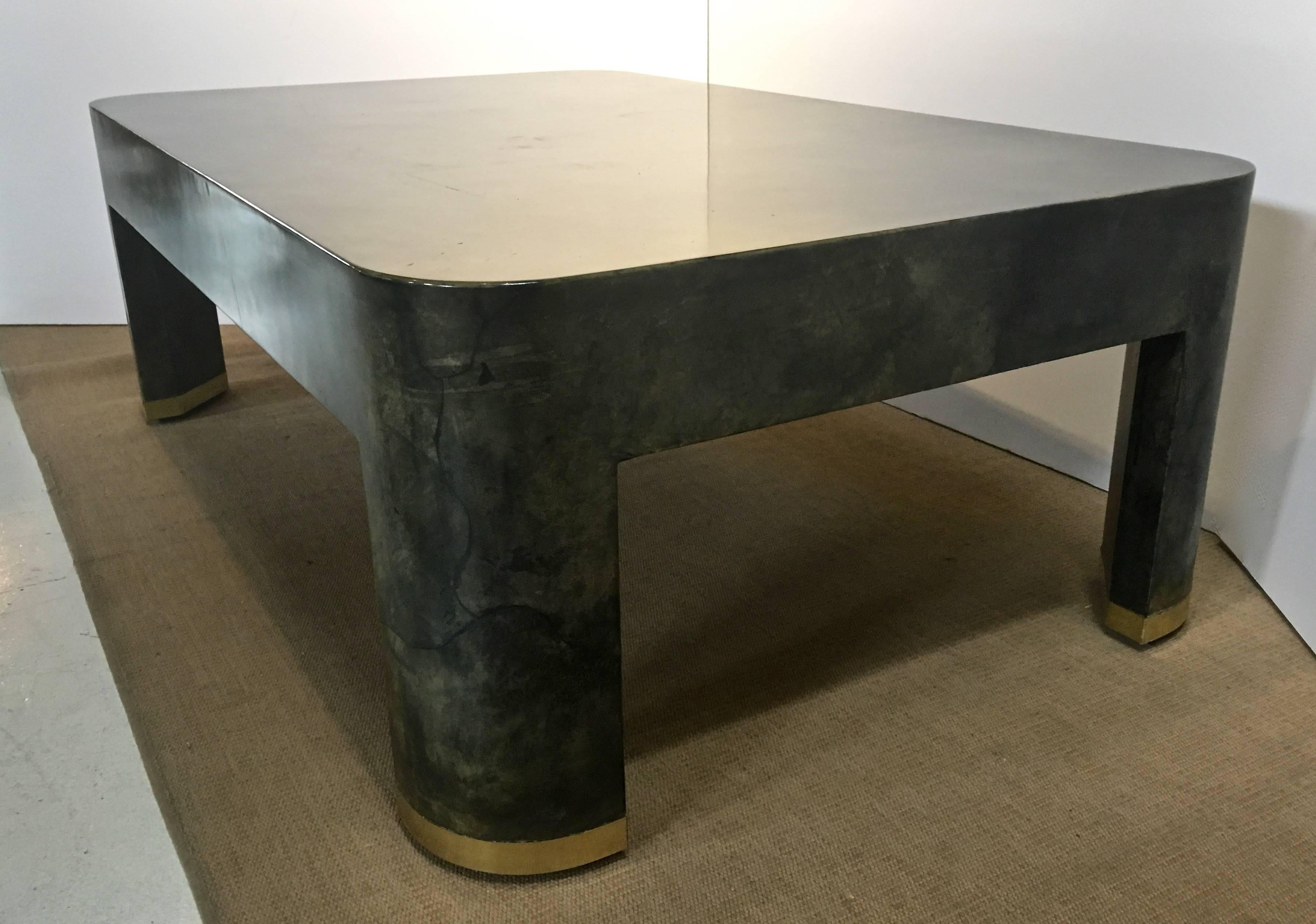 American Karl Springer Attributed Lacquered Goatskin Coffee Table with Brass Capped Legs