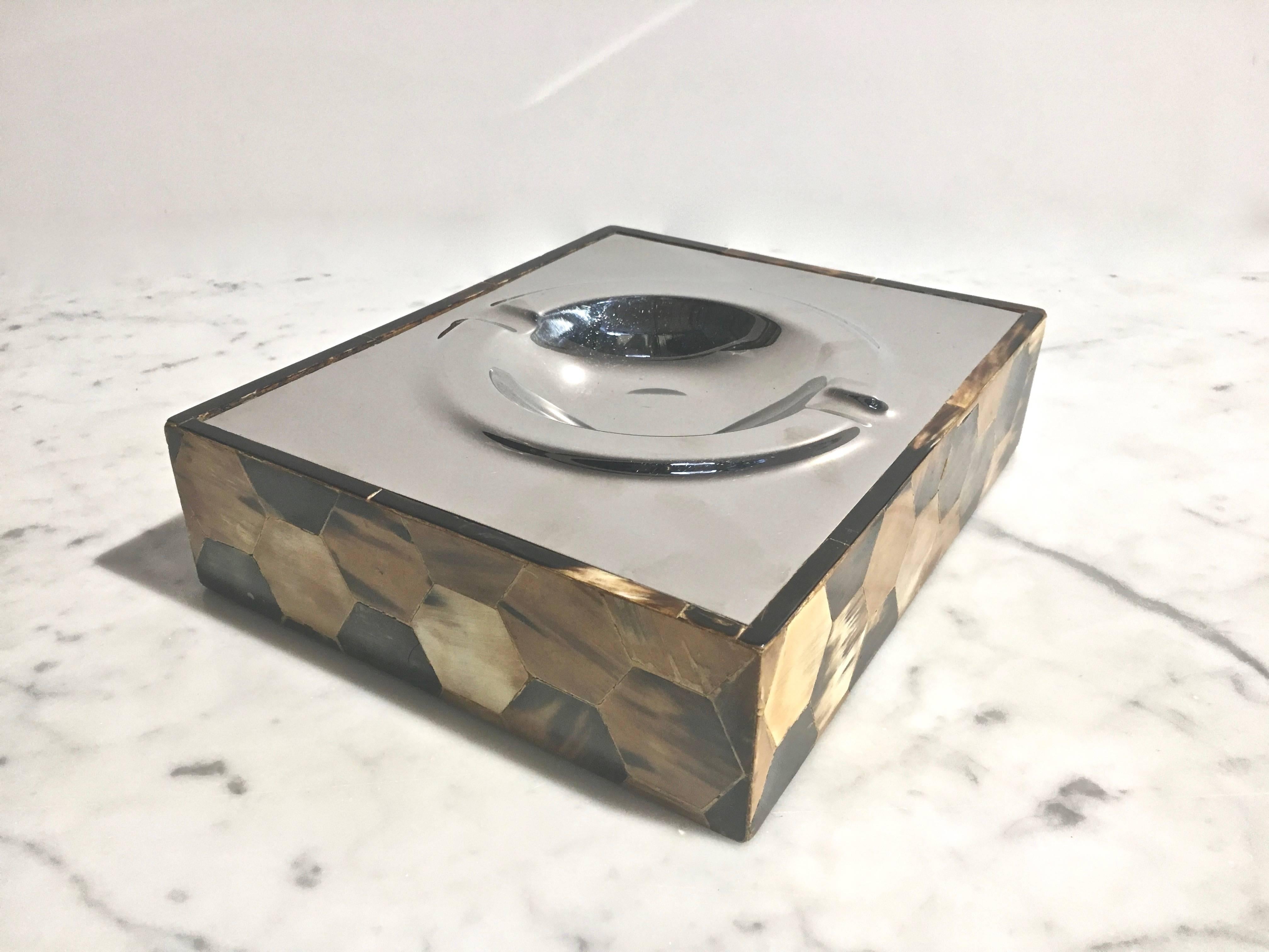 Chrome and Horn Veneer Ashtray In Excellent Condition In Stamford, CT