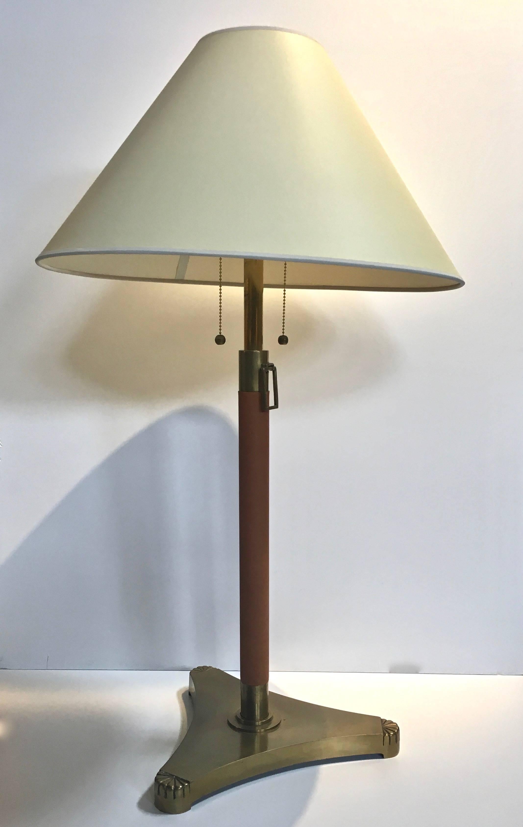 Unknown Pair of Brass and Leather Wrapped Extendable Table Lamps, Manner of Adnet
