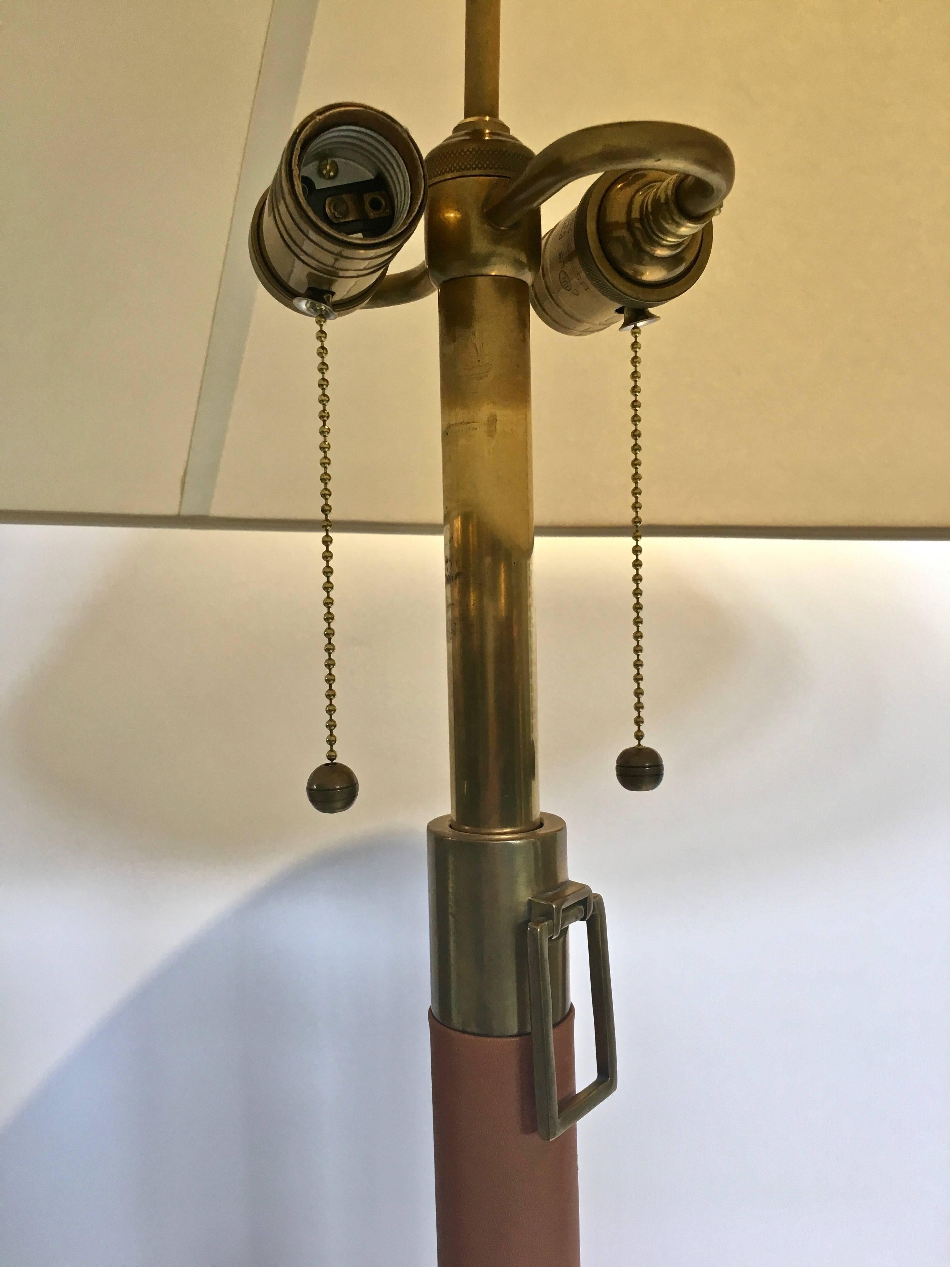 20th Century Pair of Brass and Leather Wrapped Extendable Table Lamps, Manner of Adnet