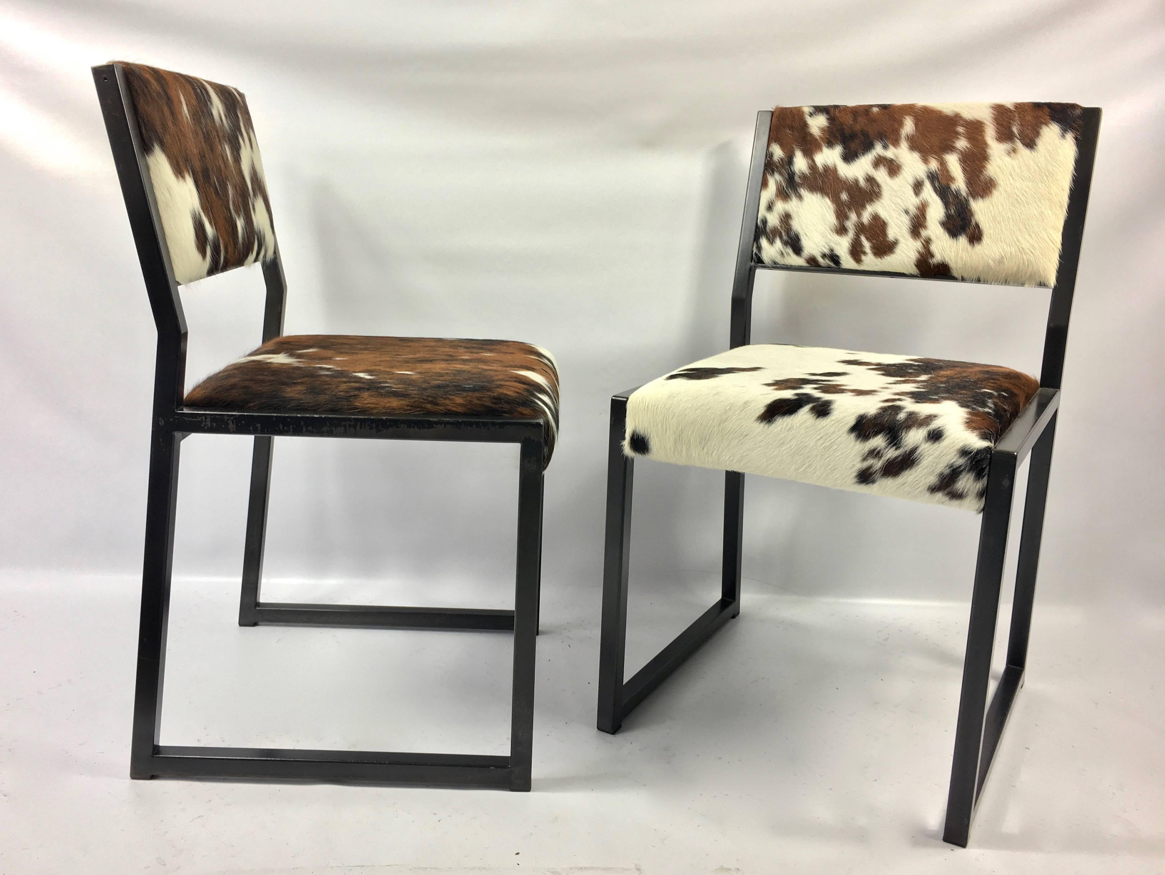 Set of Four Pony Skin Dining Chairs, Blackened Steel Frames by Uhuru Design In Good Condition In Stamford, CT