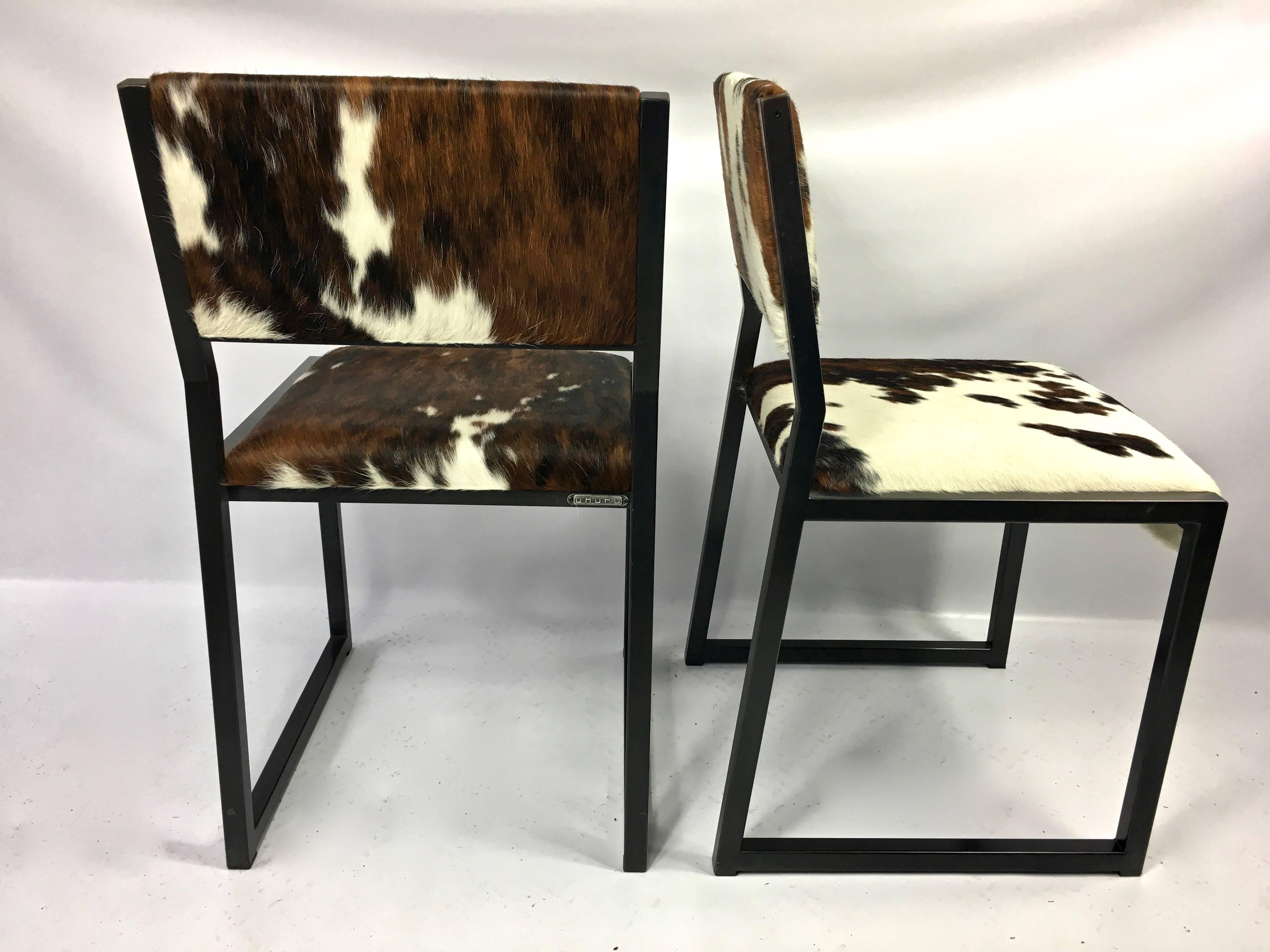 Contemporary Set of Four Pony Skin Dining Chairs, Blackened Steel Frames by Uhuru Design