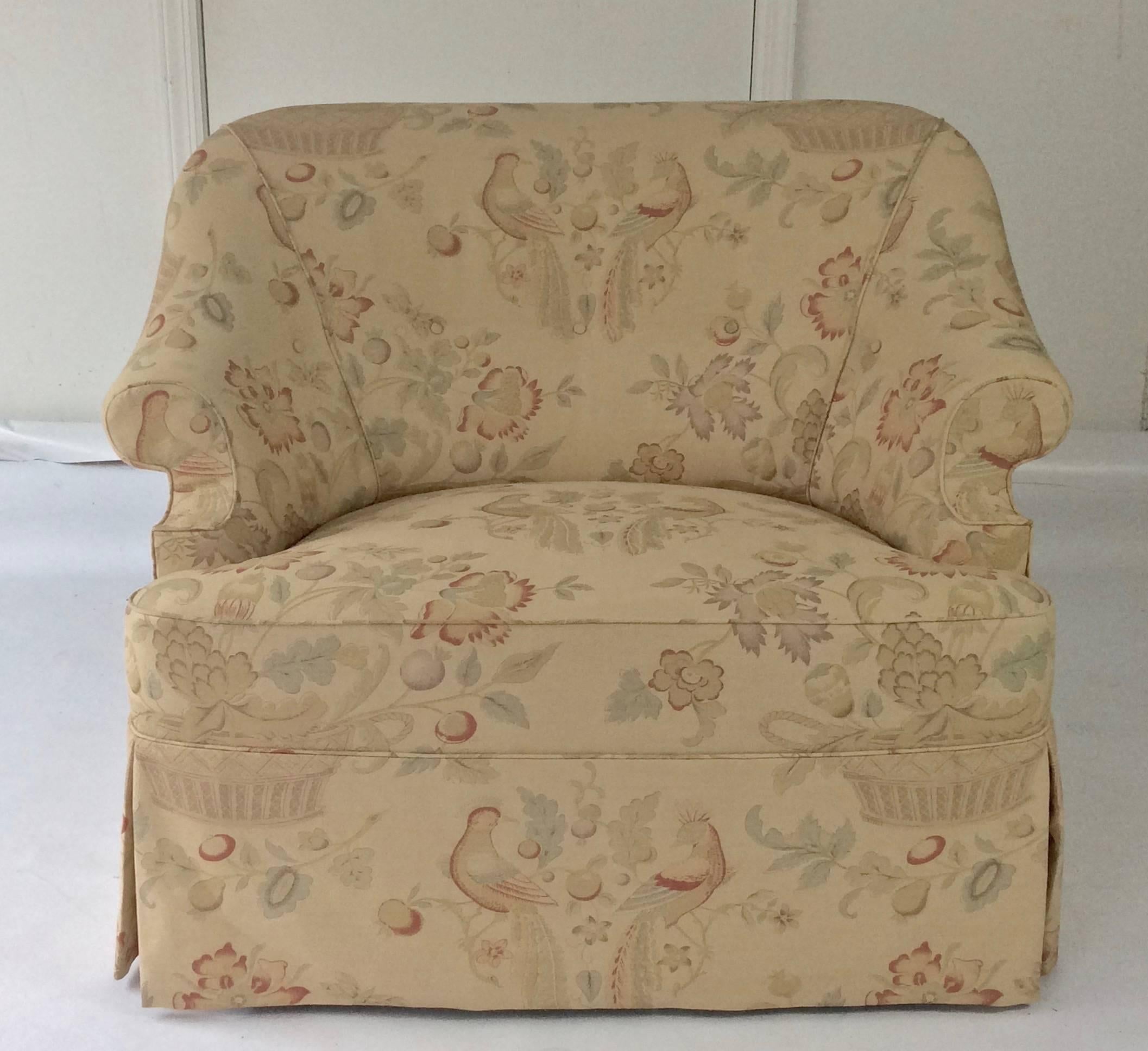 George Smith style custom English rolled arm sofa, three-seat, generous proportions, deep seated and extremely comfortable, with down cushion, button tufted back, and pleated dressmaker skirt. Custom upholstered, by master upholsterer in birds and