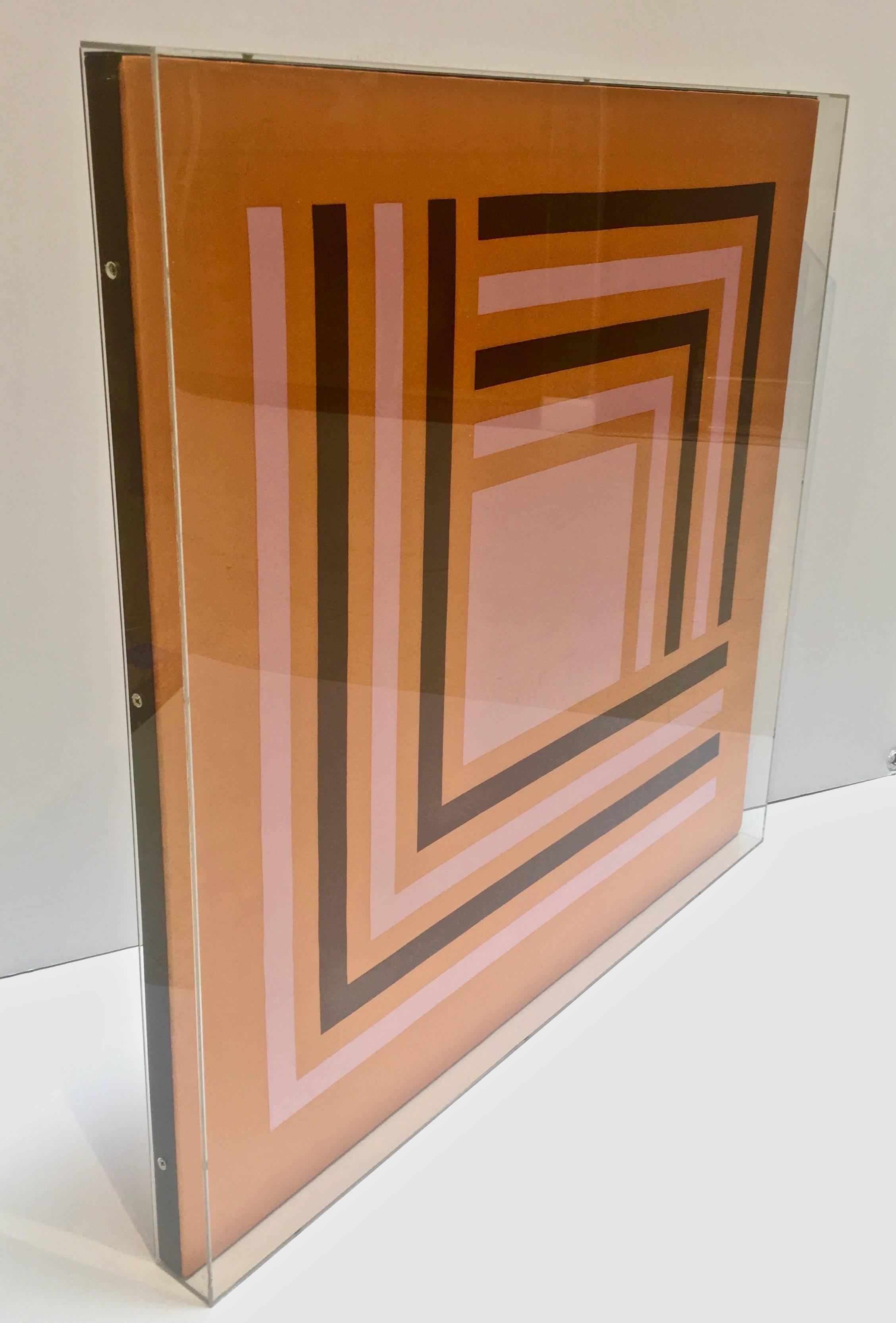 Modernist Abstract Vintage Silk Scarf, Manner of Josef Albers, Lucite Box Frame In Excellent Condition In Stamford, CT