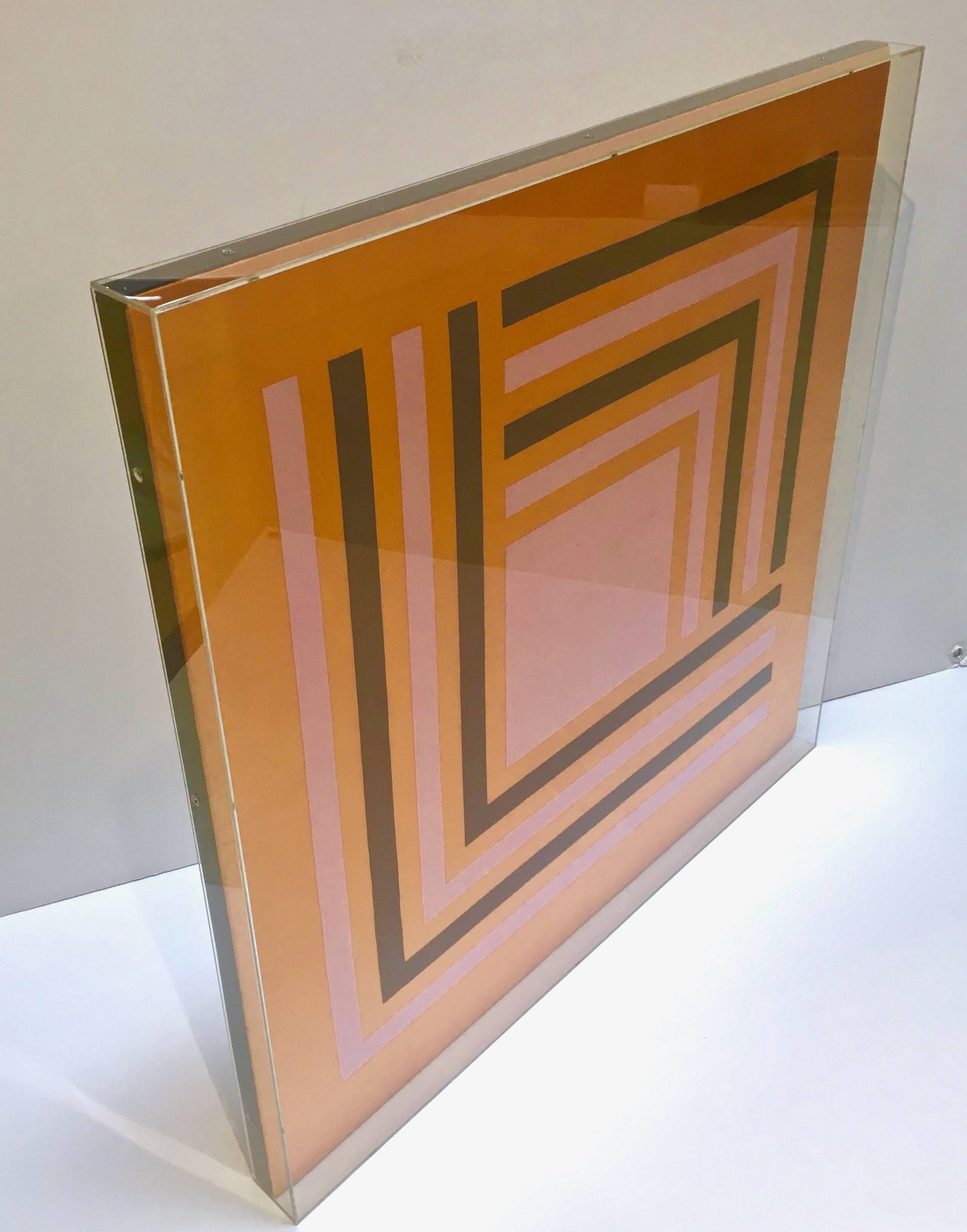 Mid-Century Modern Modernist Abstract Vintage Silk Scarf, Manner of Josef Albers, Lucite Box Frame