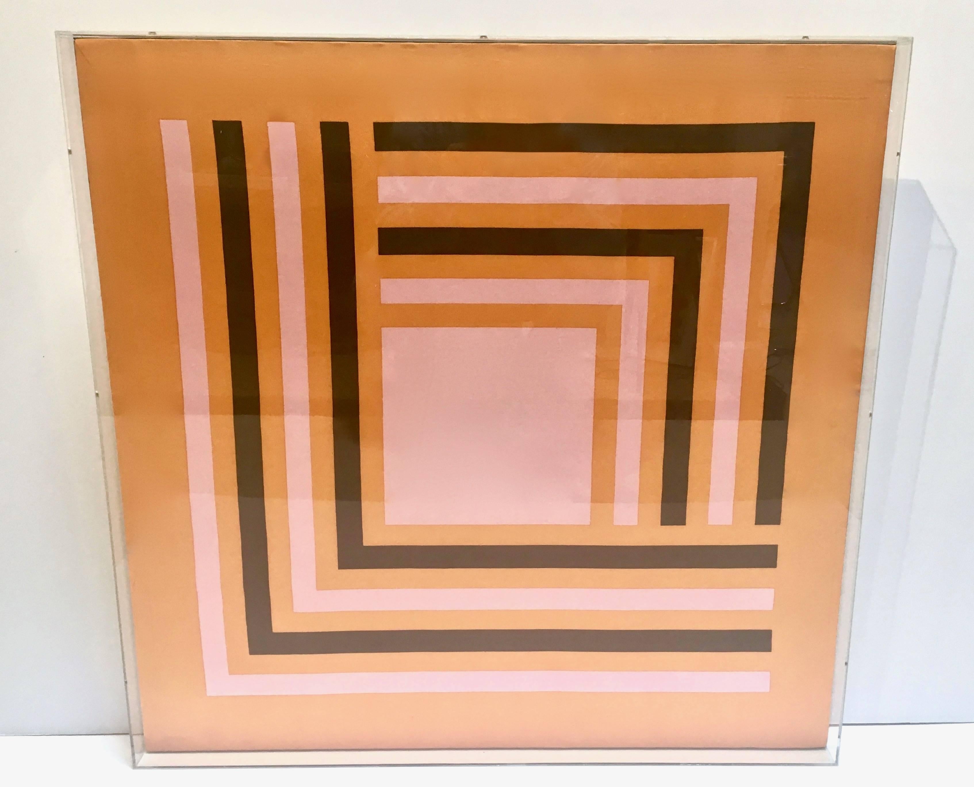 A great hard edge graphic abstract vintage silk scarf, circa 1970s. The scarfs design of interlocking lines and a square, reminiscent of Albers or Gene Davis, circa 1970s has vivid contrasting colors of orange, pink and deep chocolate brown. The