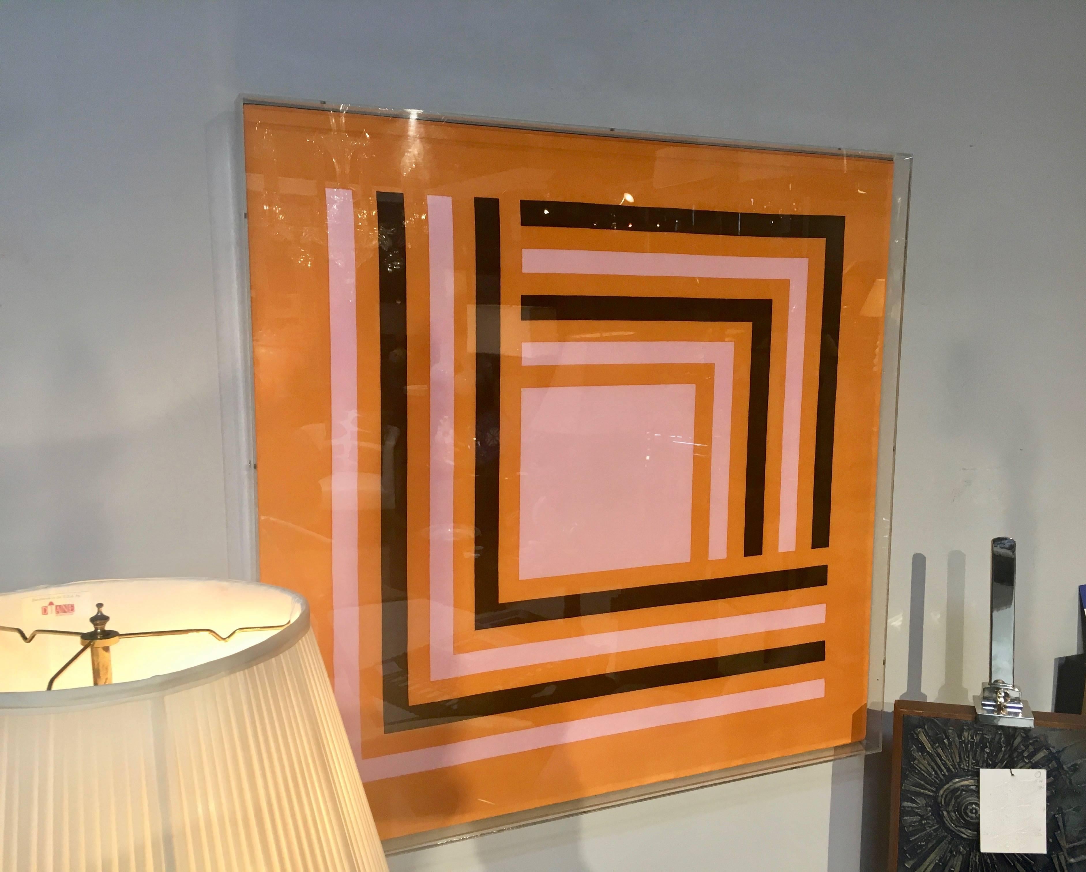 Unknown Modernist Abstract Vintage Silk Scarf, Manner of Josef Albers, Lucite Box Frame