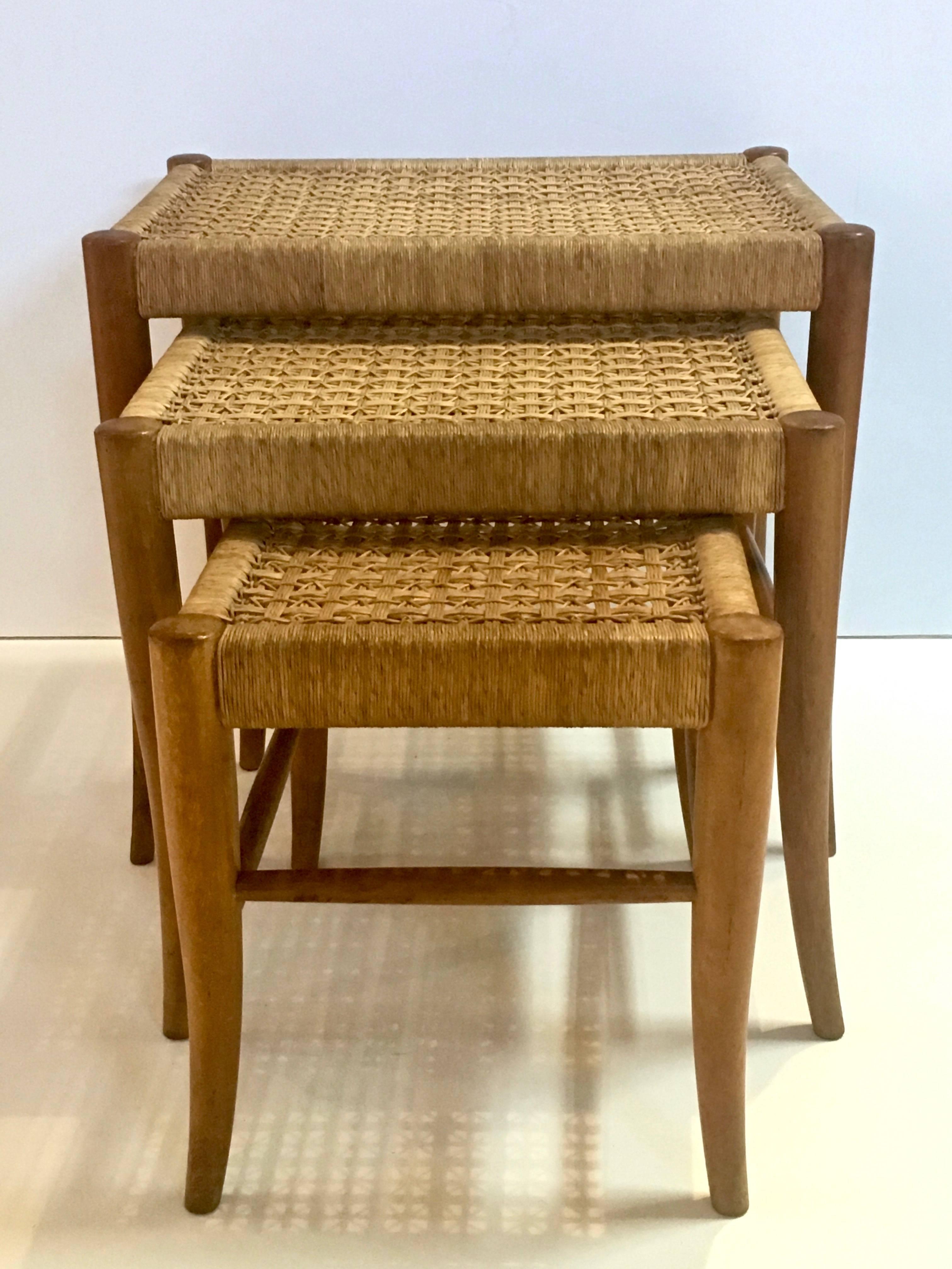 Trio of Flared Leg Nesting Tables, Woven Tops in the Manner of Robsjohn-Gibbings In Good Condition In Stamford, CT