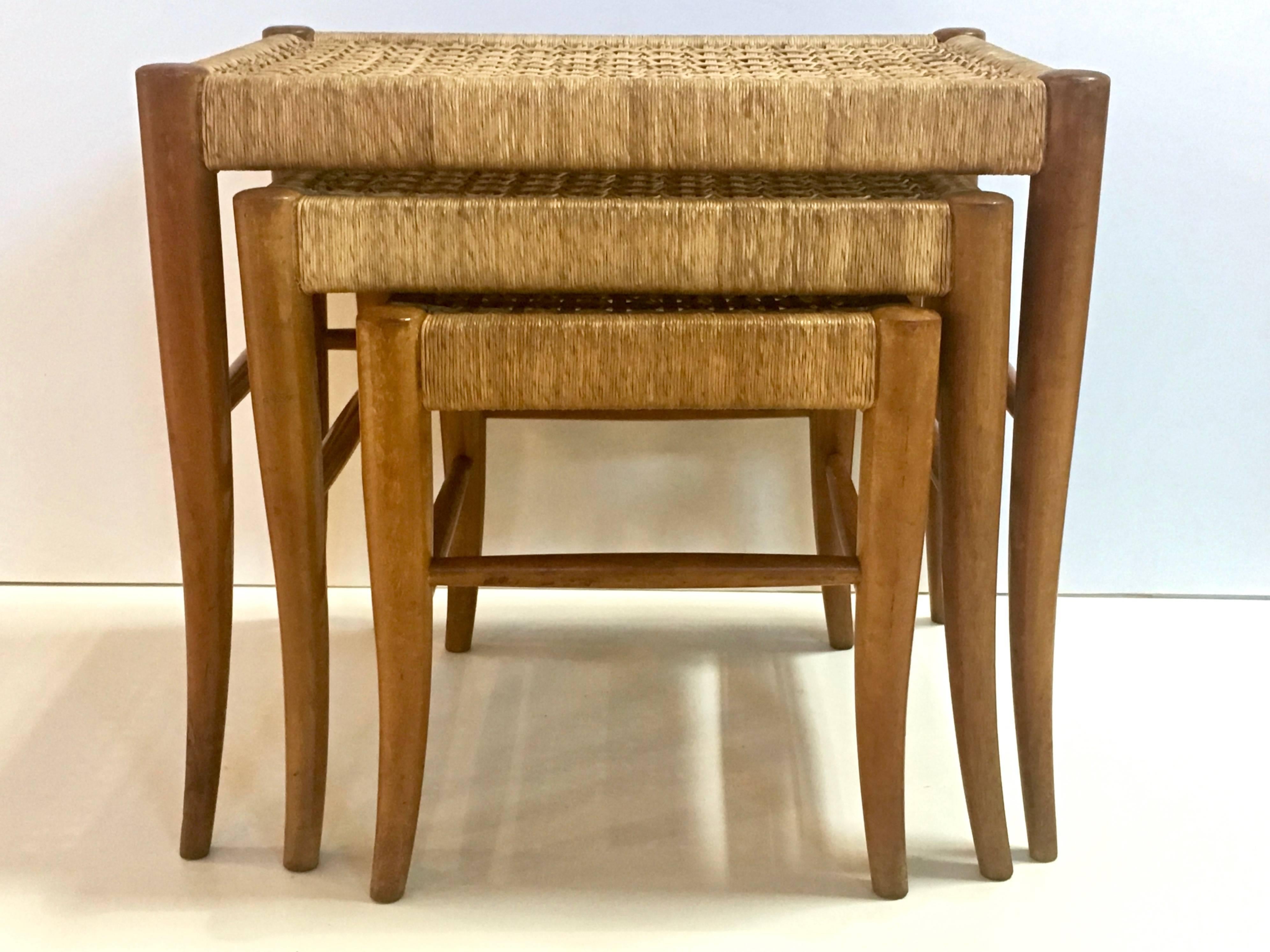 20th Century Trio of Flared Leg Nesting Tables, Woven Tops in the Manner of Robsjohn-Gibbings