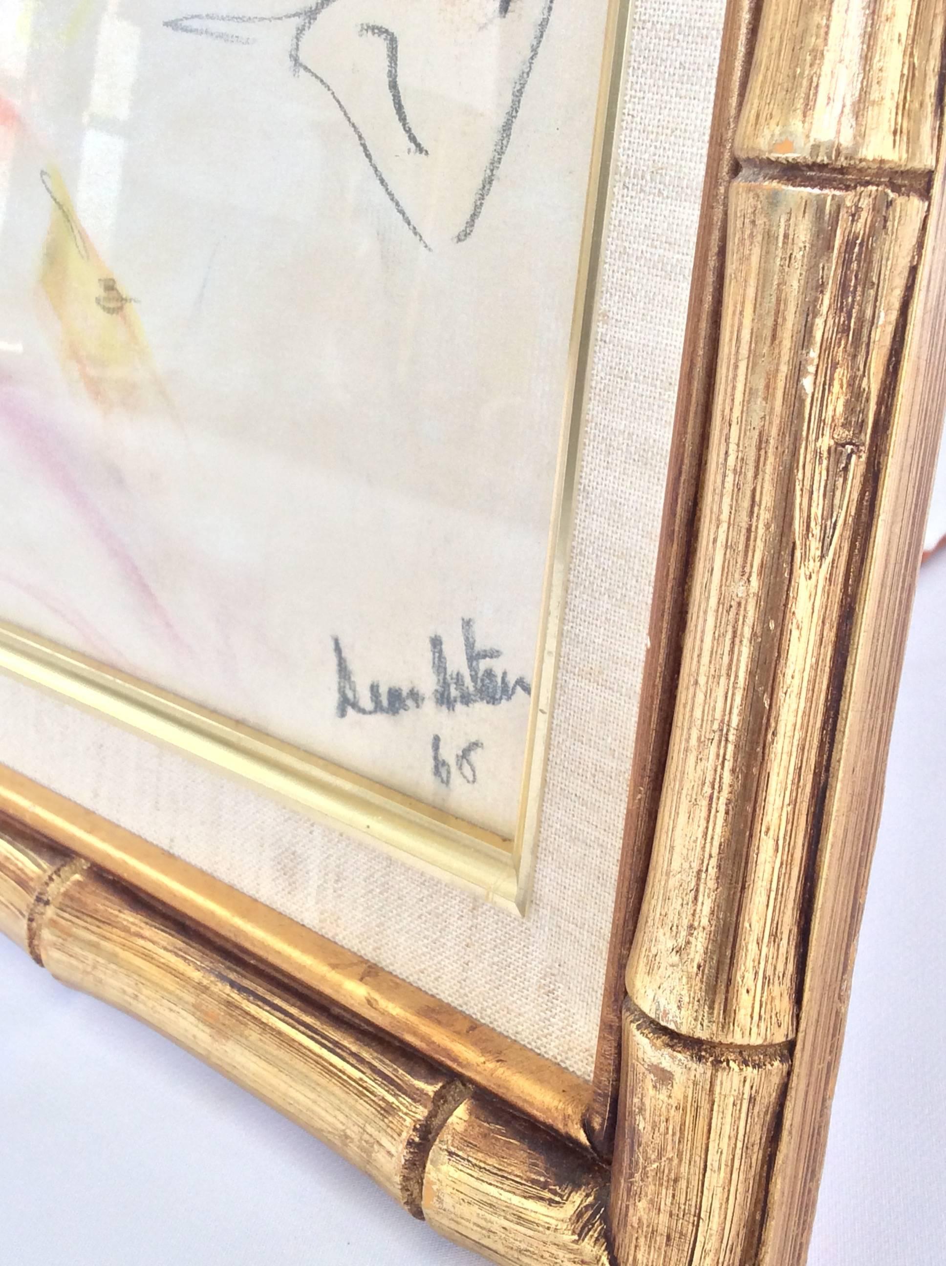 Original pastel abstract drawing, framed in period gilt bamboo and linen mat frame, covered by low glare glass. Signed and dated in lower right by artist, 1965.