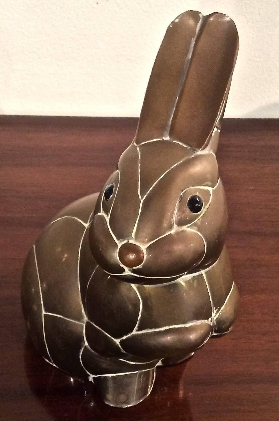 Patinated brass and copper bunny sculpture, attributed/manner of Sergio Bustamante (b.1924-2013), unsigned, circa 1970s. Bustamante's animal sculpture period was whimsical in style and created fantasy-like animal figures.