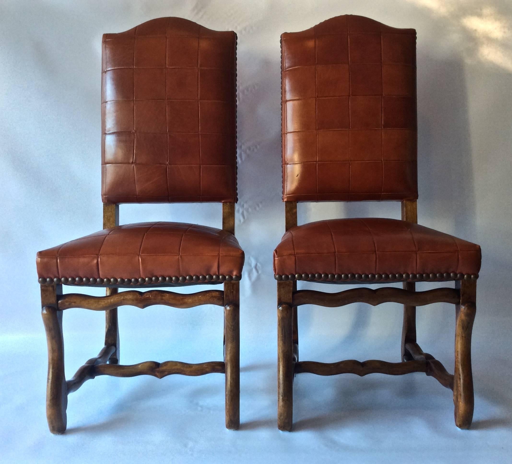 Louis XIII Set of Six Antiques Os Du Mouton Chairs, in Oxblood Red Leather Patchwork