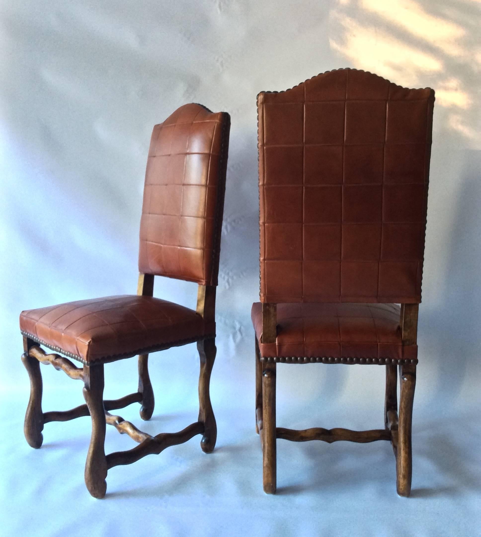 Set of Six Antiques Os Du Mouton Chairs, in Oxblood Red Leather Patchwork In Excellent Condition In Stamford, CT