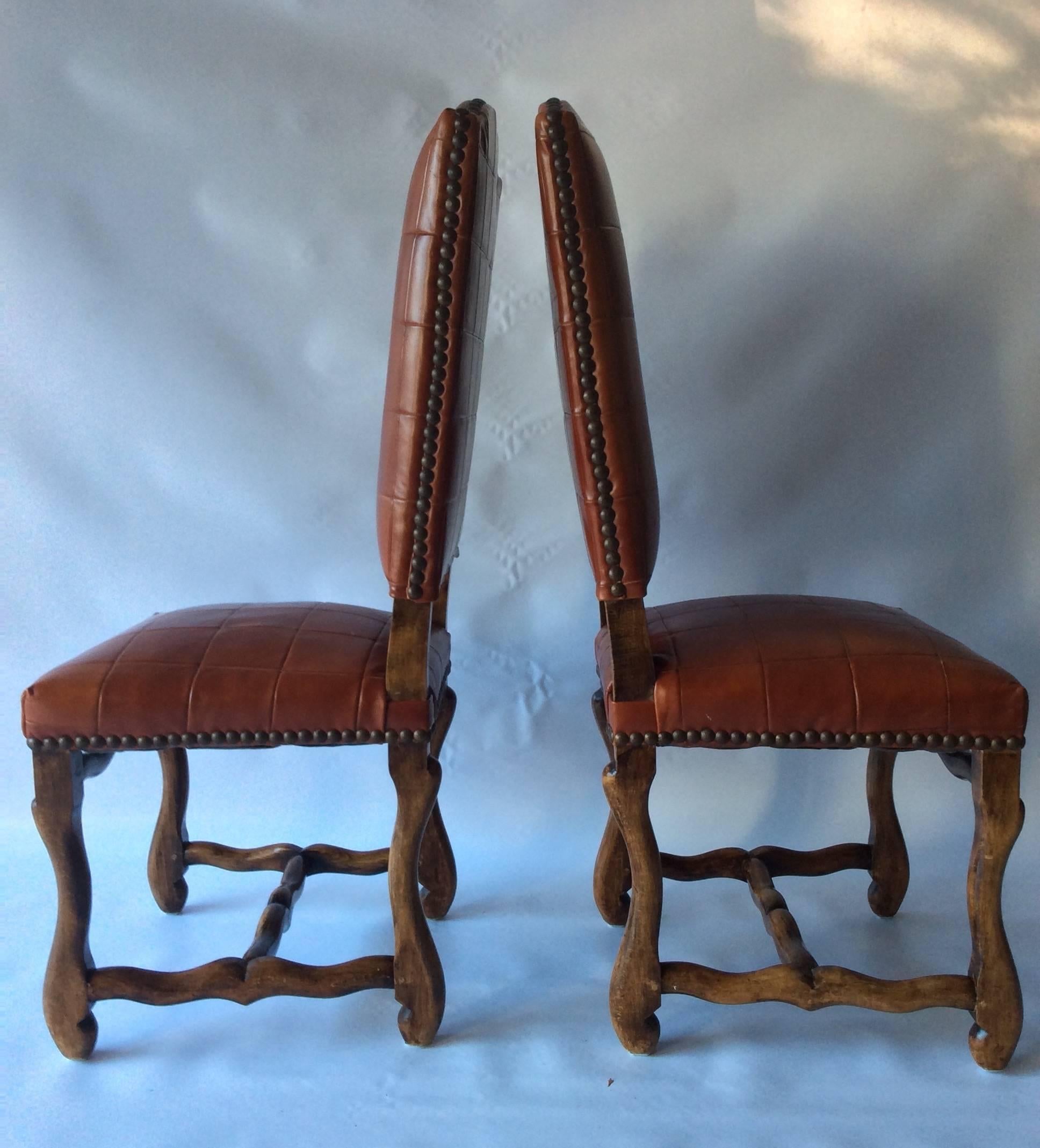 French Set of Six Antiques Os Du Mouton Chairs, in Oxblood Red Leather Patchwork